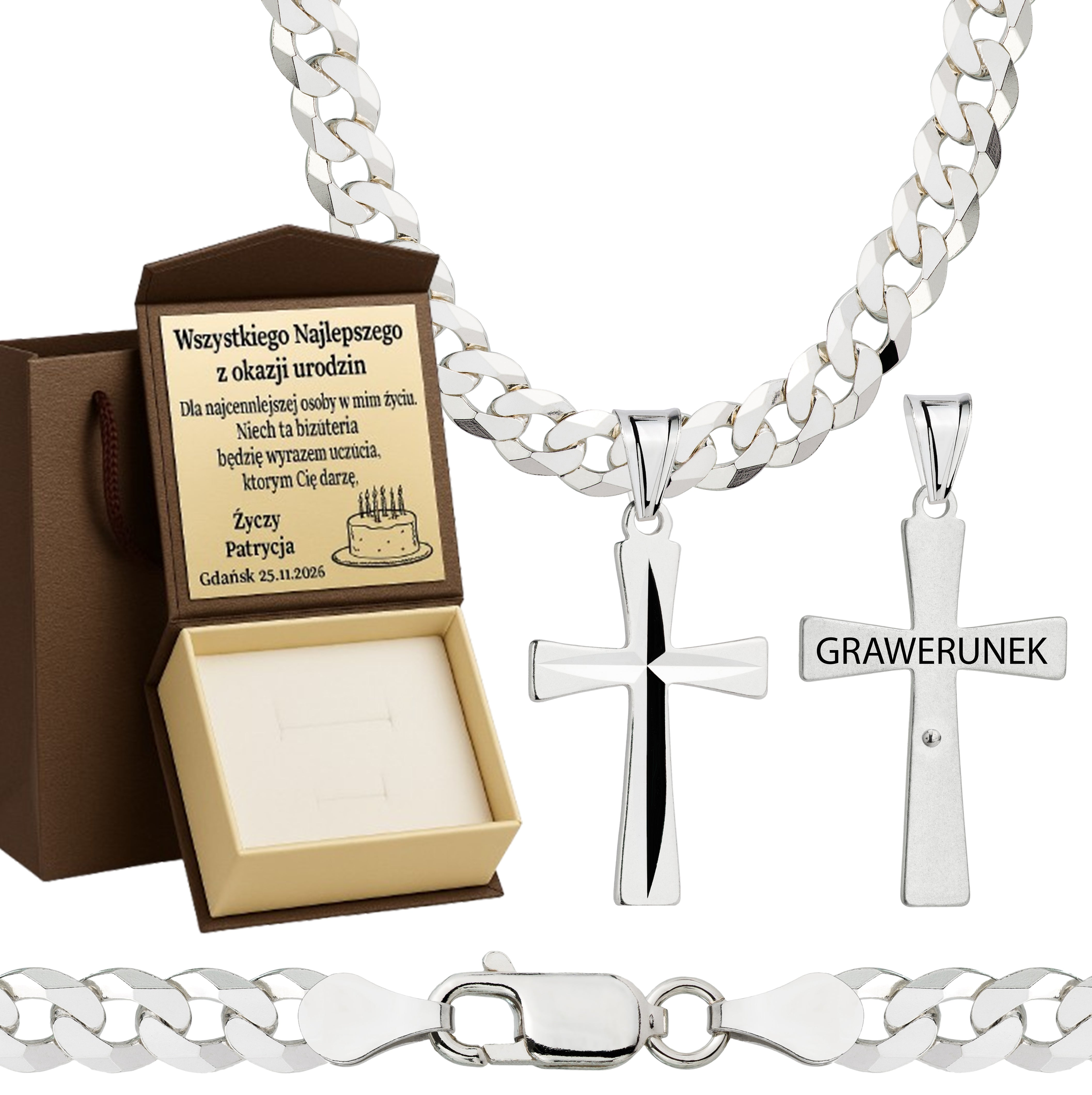 Łańcuszek srebrny z krzyżykiem pancerka 5mm pr. 925