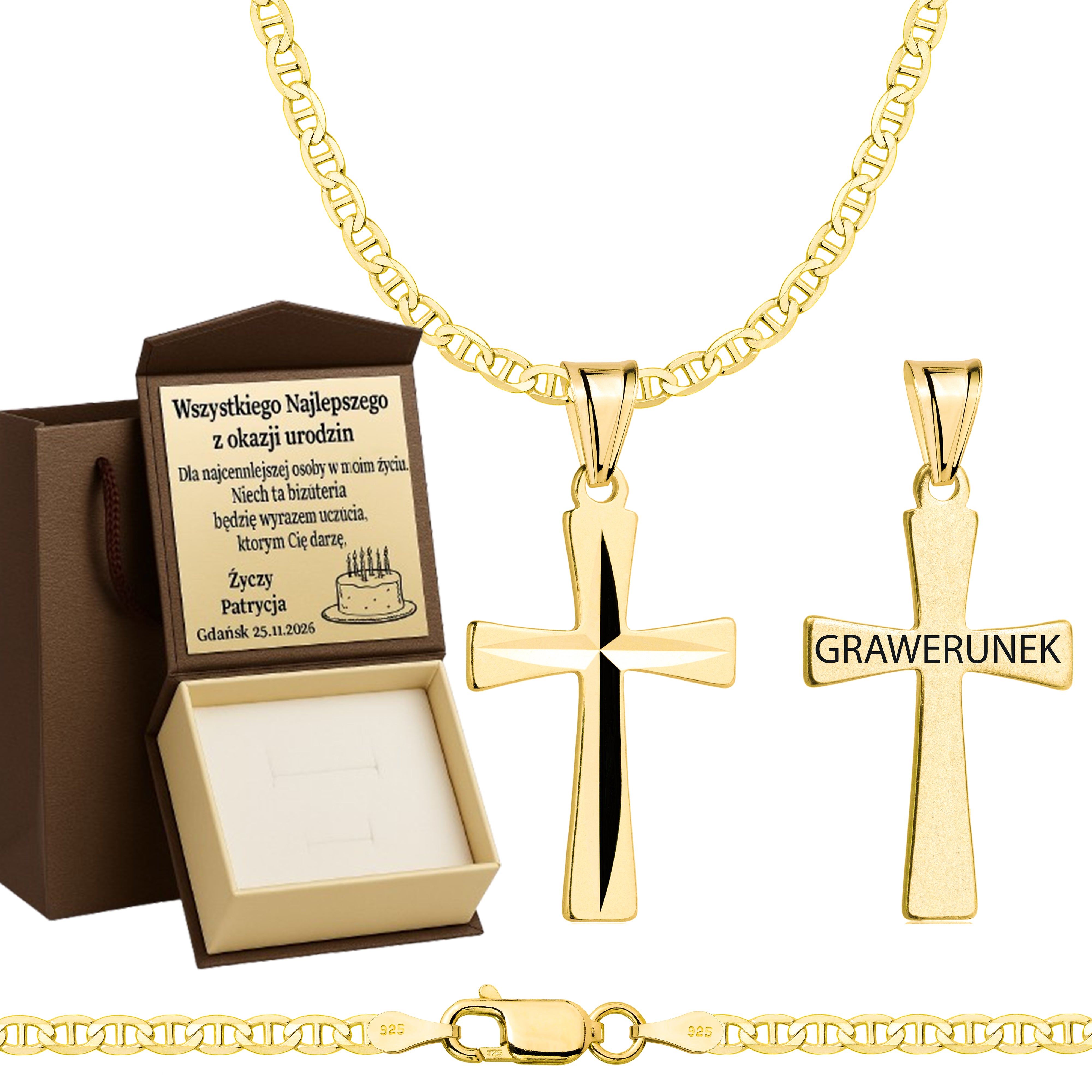 Łańcuszek pozłacany srebrny z krzyżykiem gucci 2,6mm pr. 925