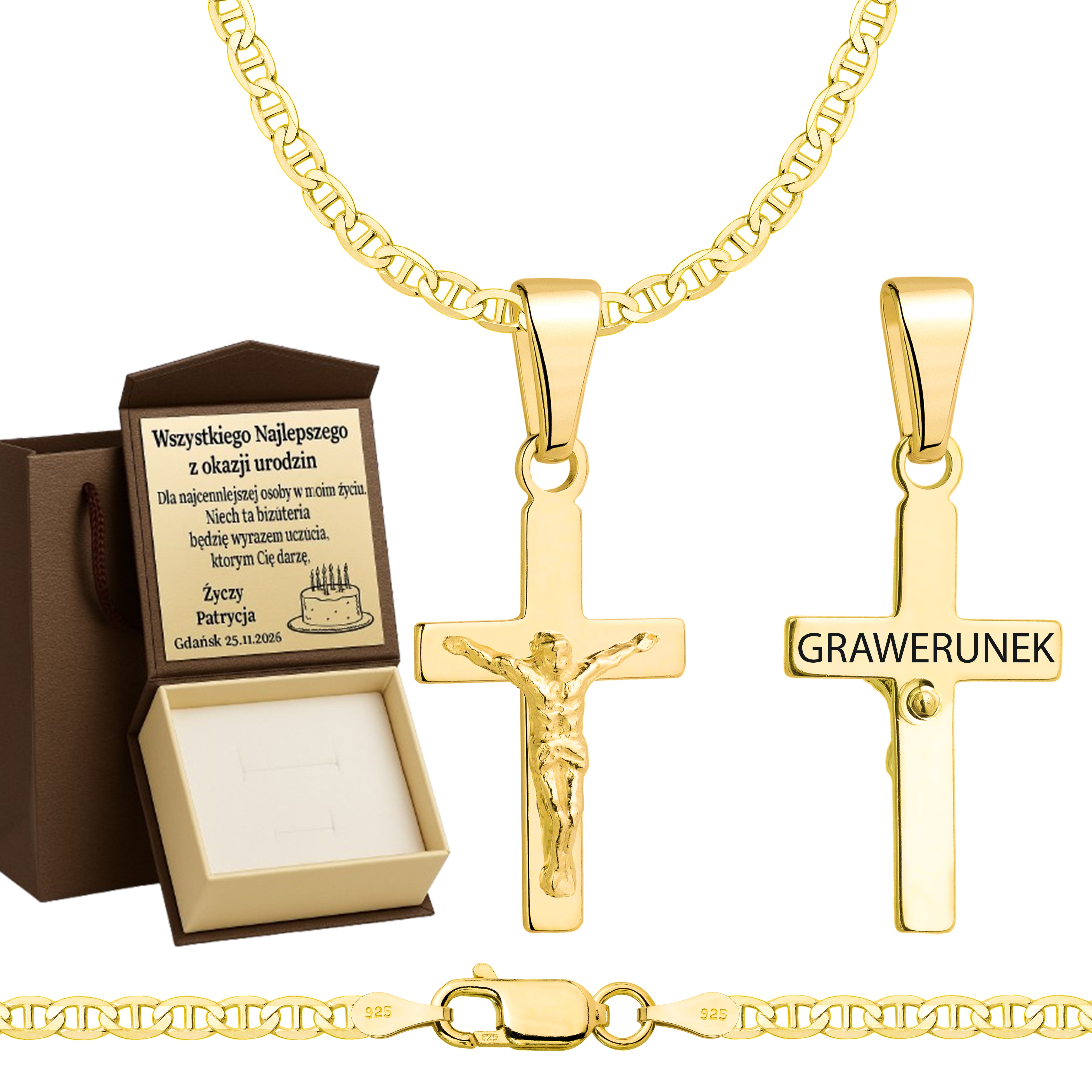 Łańcuszek pozłacany srebrny z krzyżykiem gucci 2,6mm pr. 925