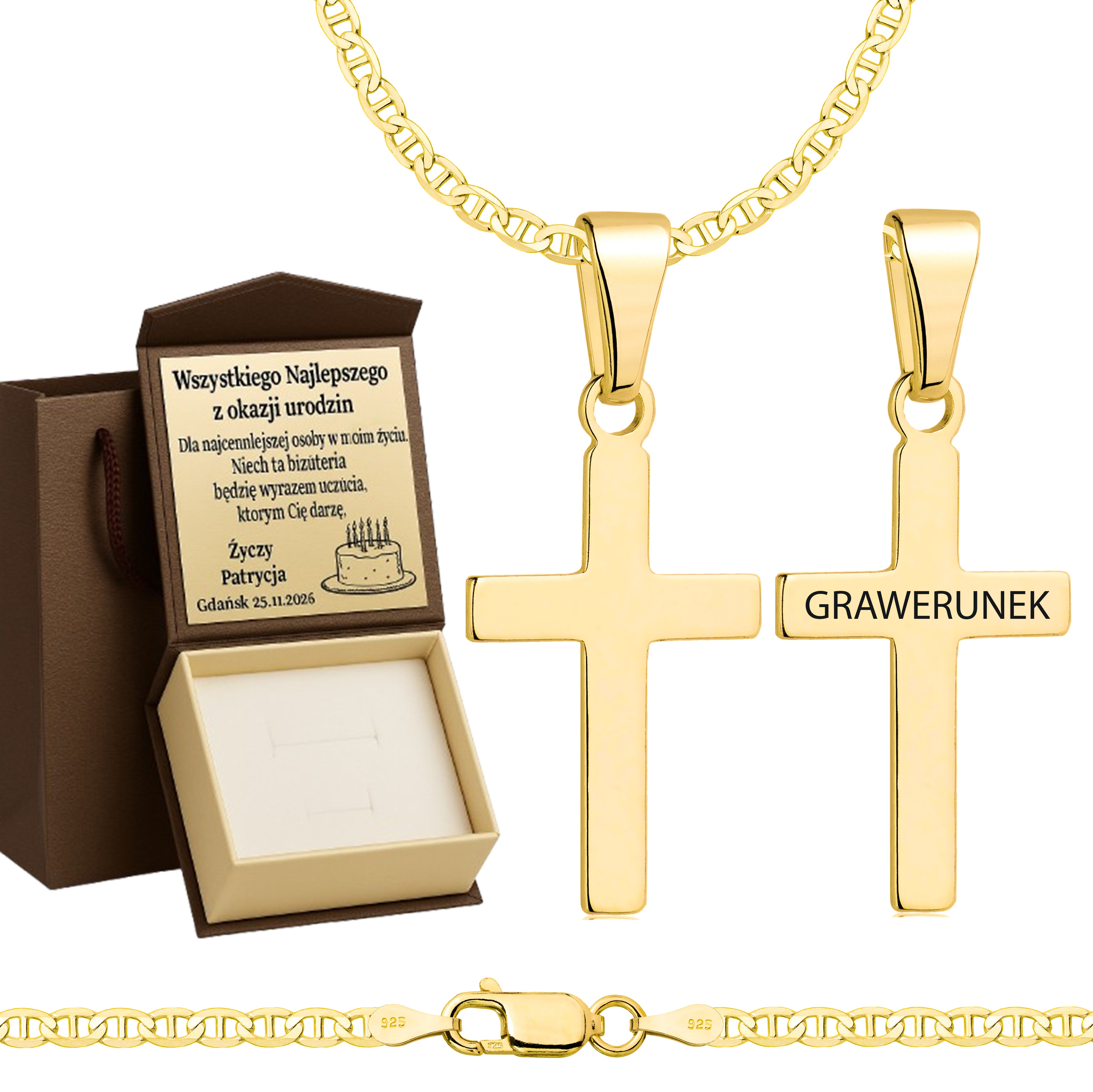 Łańcuszek pozłacany srebrny z krzyżykiem gucci 2,6mm pr. 925