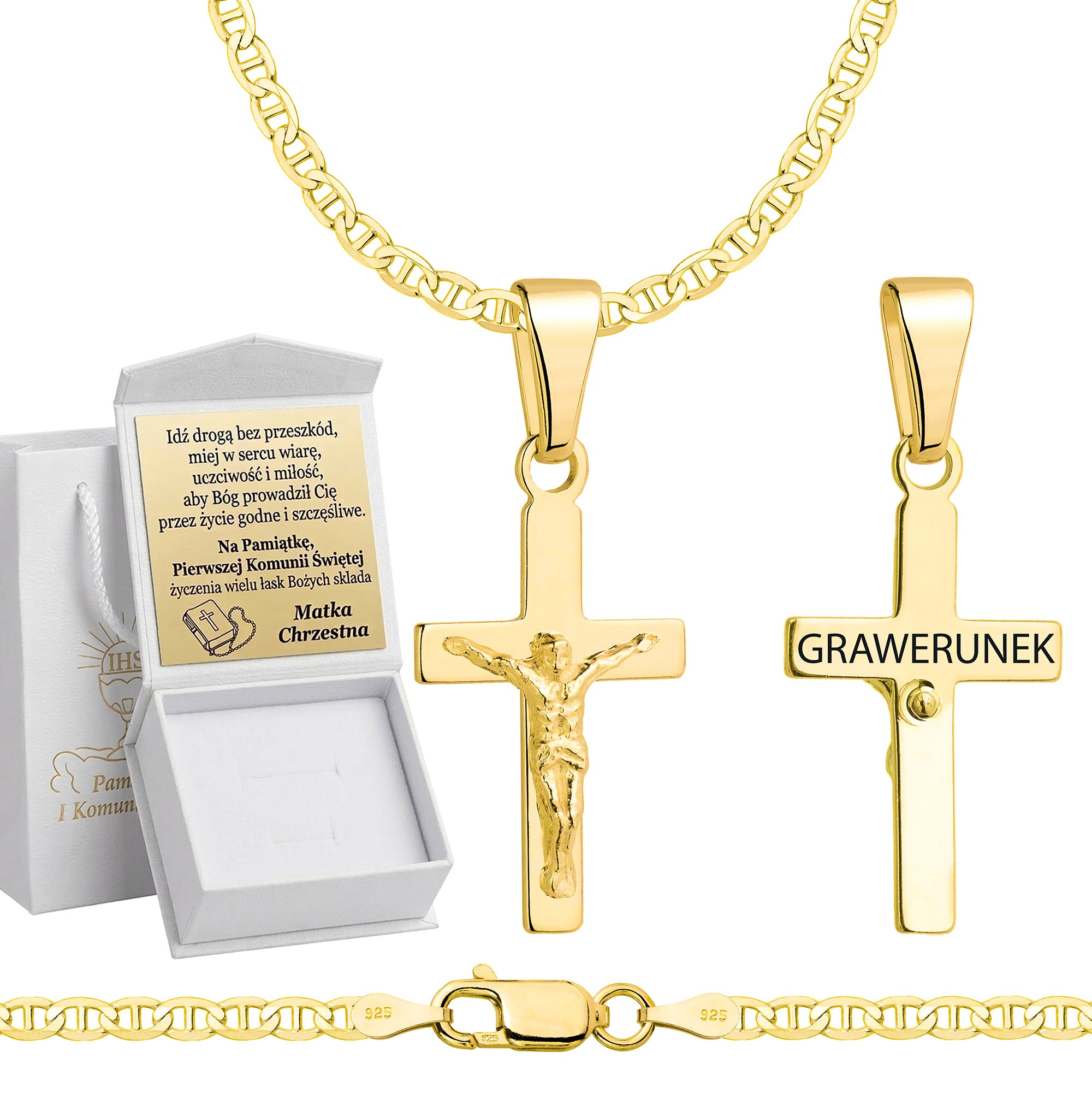Łańcuszek komunijny pozłacany srebrny gucci z krzyżykiem 2,6mm z grawerowanym pudełeczkiem i zawieszką pr. 925