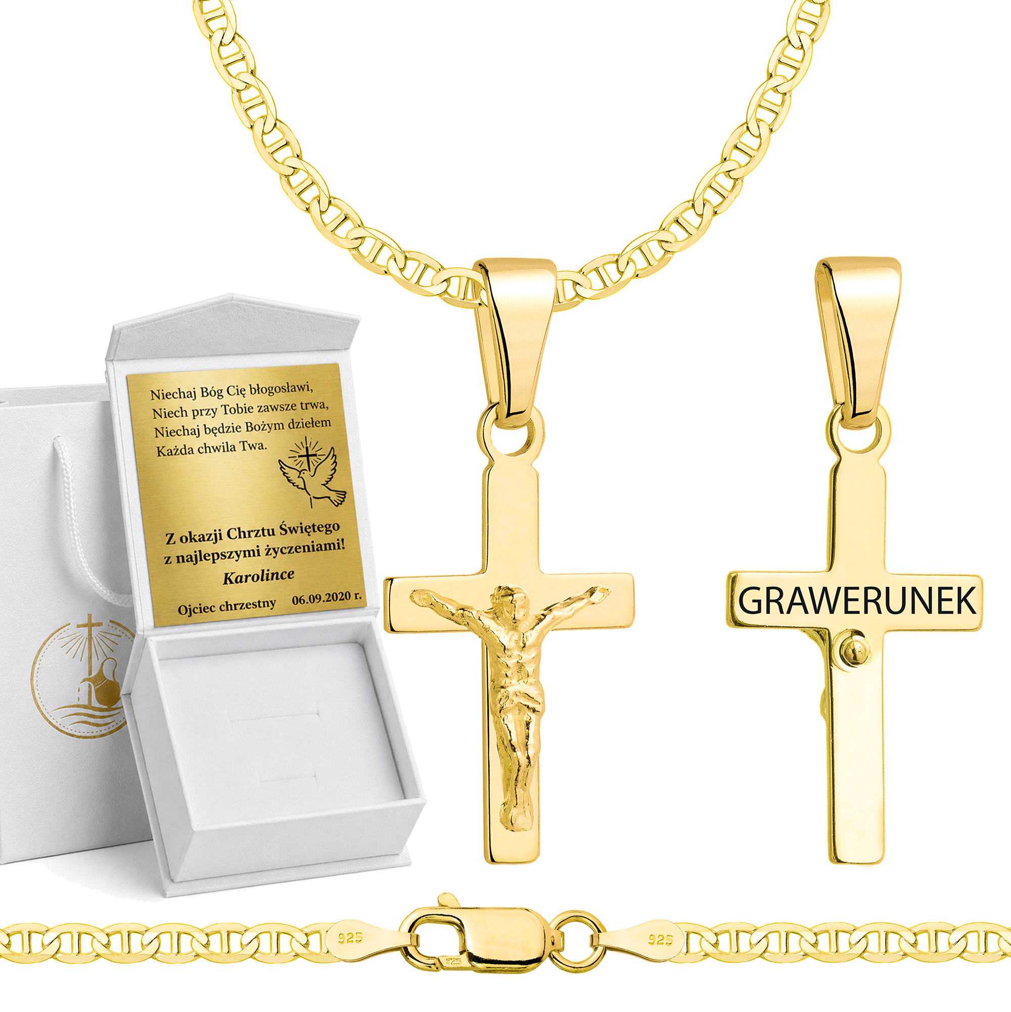 Łańcuszek na Chrzest pozłacany srebrny gucci z krzyżykiem 2,6mm z grawerowanym pudełeczkiem i zawieszką pr. 925