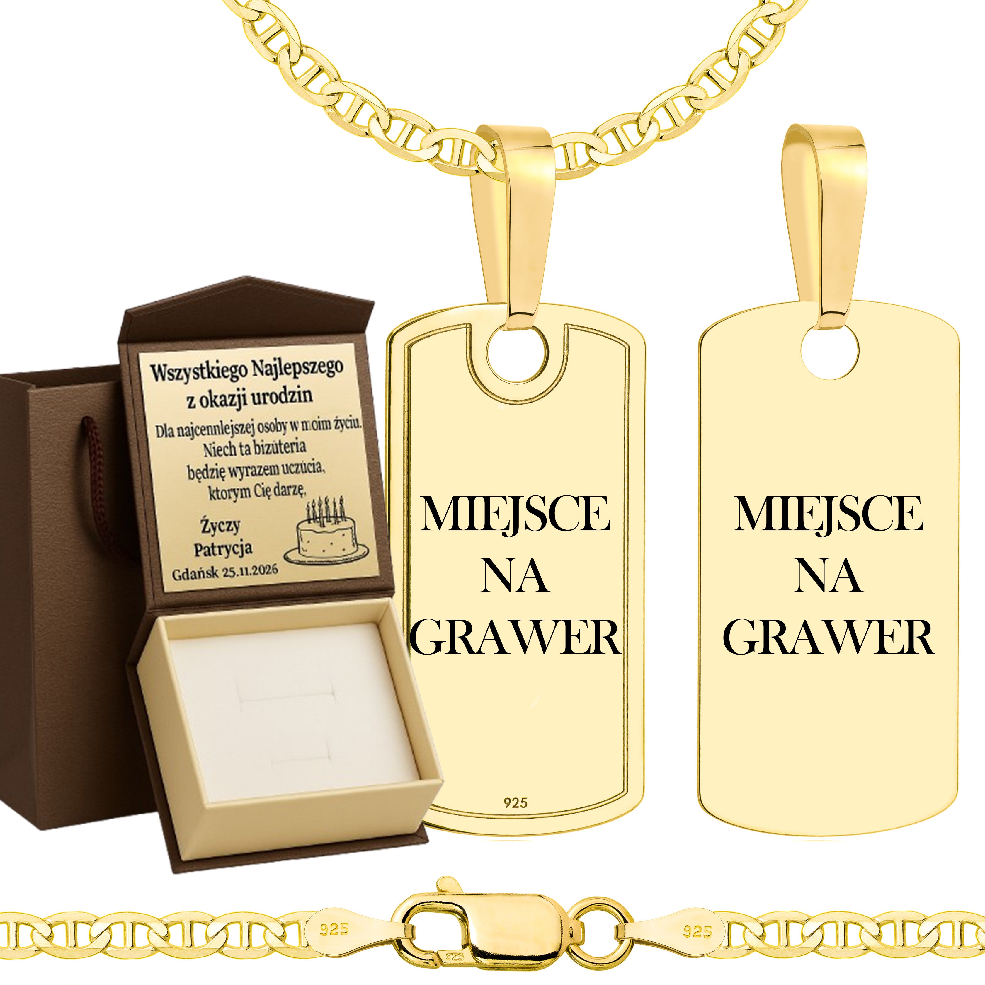 Łańcuszek pozłacany srebrny z nieśmiertelnikiem gucci 2,6mm pr. 925 585