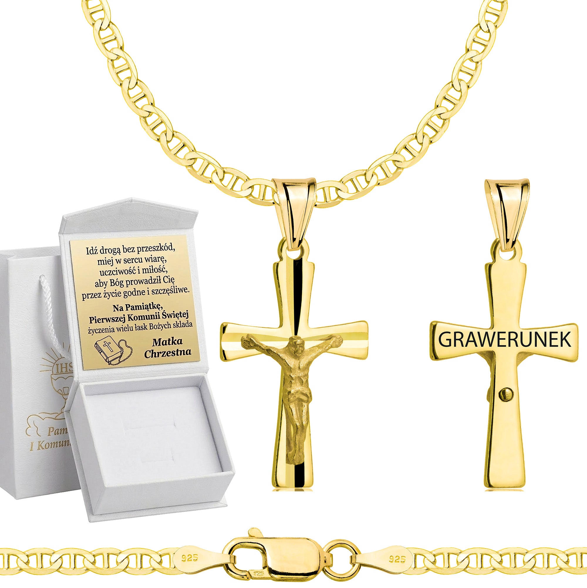 Łańcuszek komunijny pozłacany srebrny gucci z krzyżykiem 2,6mm z grawerowanym pudełeczkiem i zawieszką pr. 925