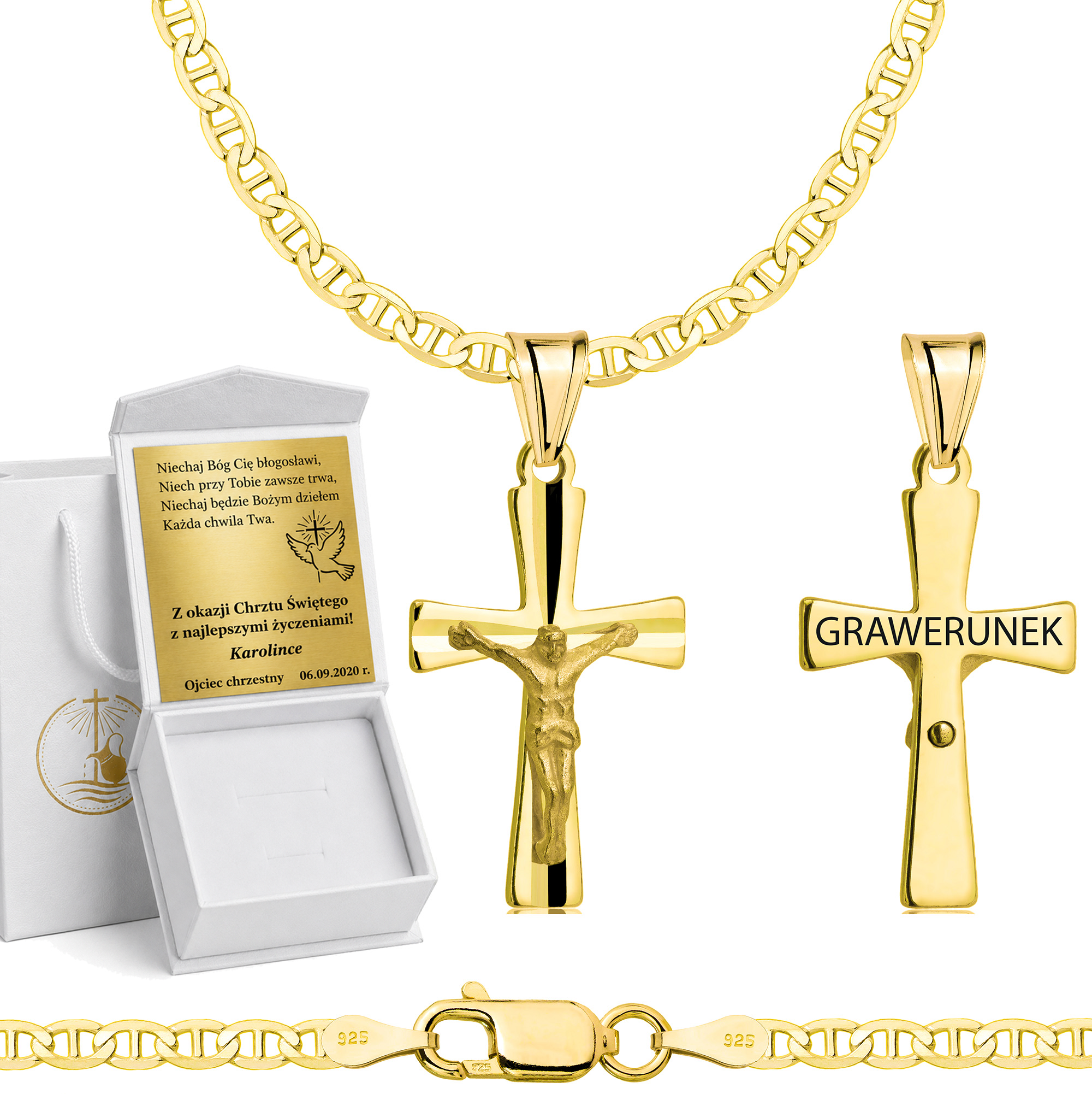 Łańcuszek na Chrzest pozłacany srebrny gucci z krzyżykiem 2,6mm z grawerowanym pudełeczkiem i zawieszką pr. 925