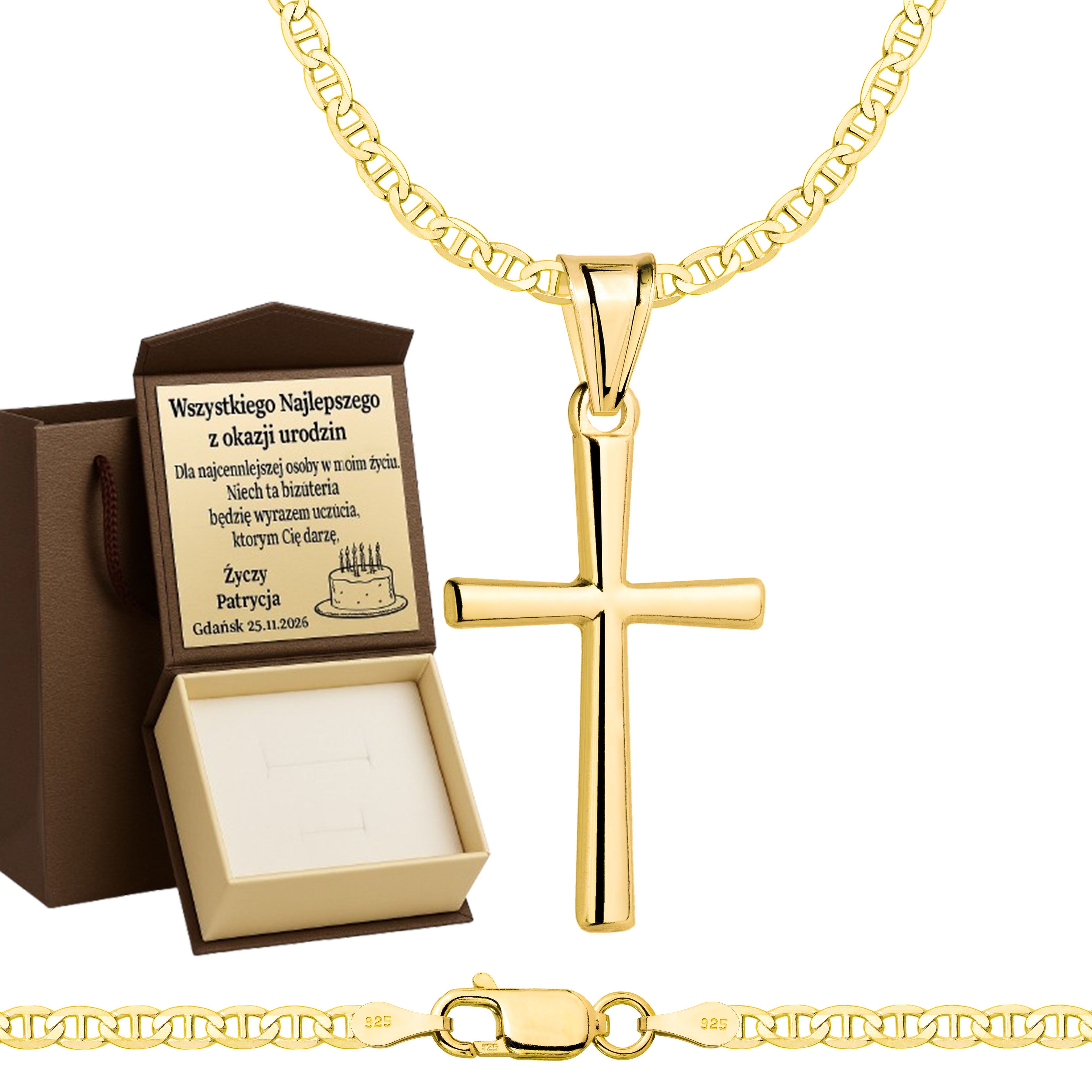 Łańcuszek pozłacany srebrny z krzyżykiem gucci 2,6mm pr. 925