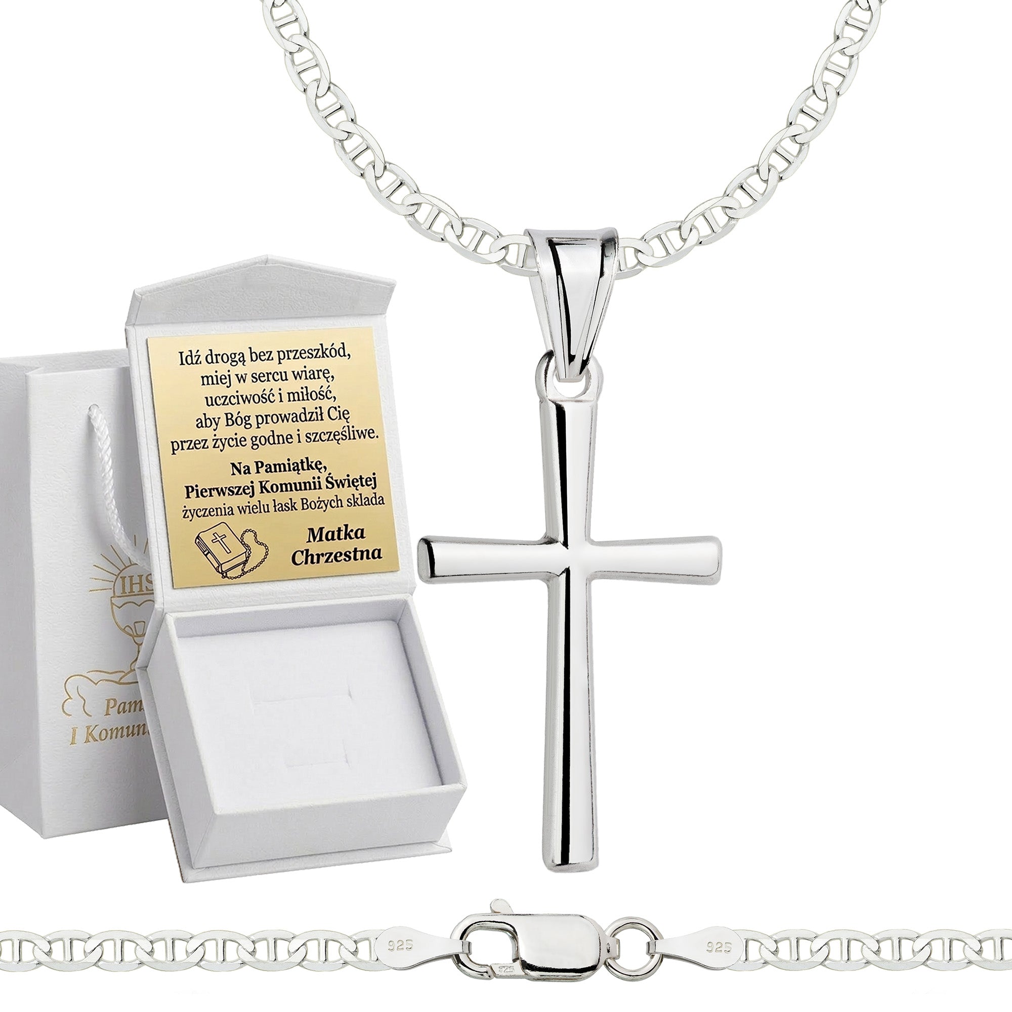 Łańcuszek komunijny srebrny z krzyżykiem gucci 2,6mm z grawerowanym pudełeczkiem pr. 925