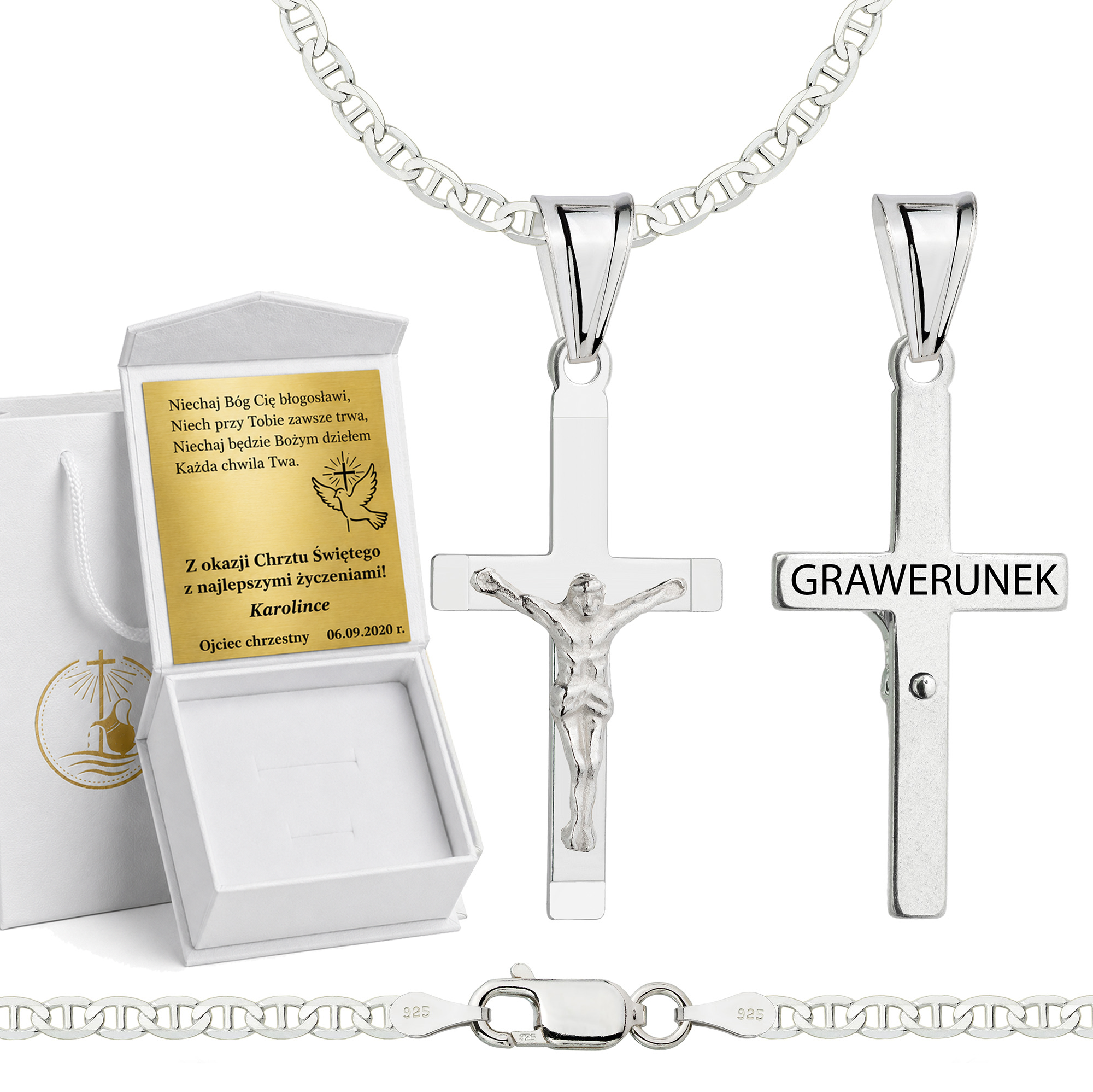 Łańcuszek na Chrzest srebrny z krzyżykiem gucci 2,6mm z grawerowanym pudełeczkiem i zawieszką pr. 925