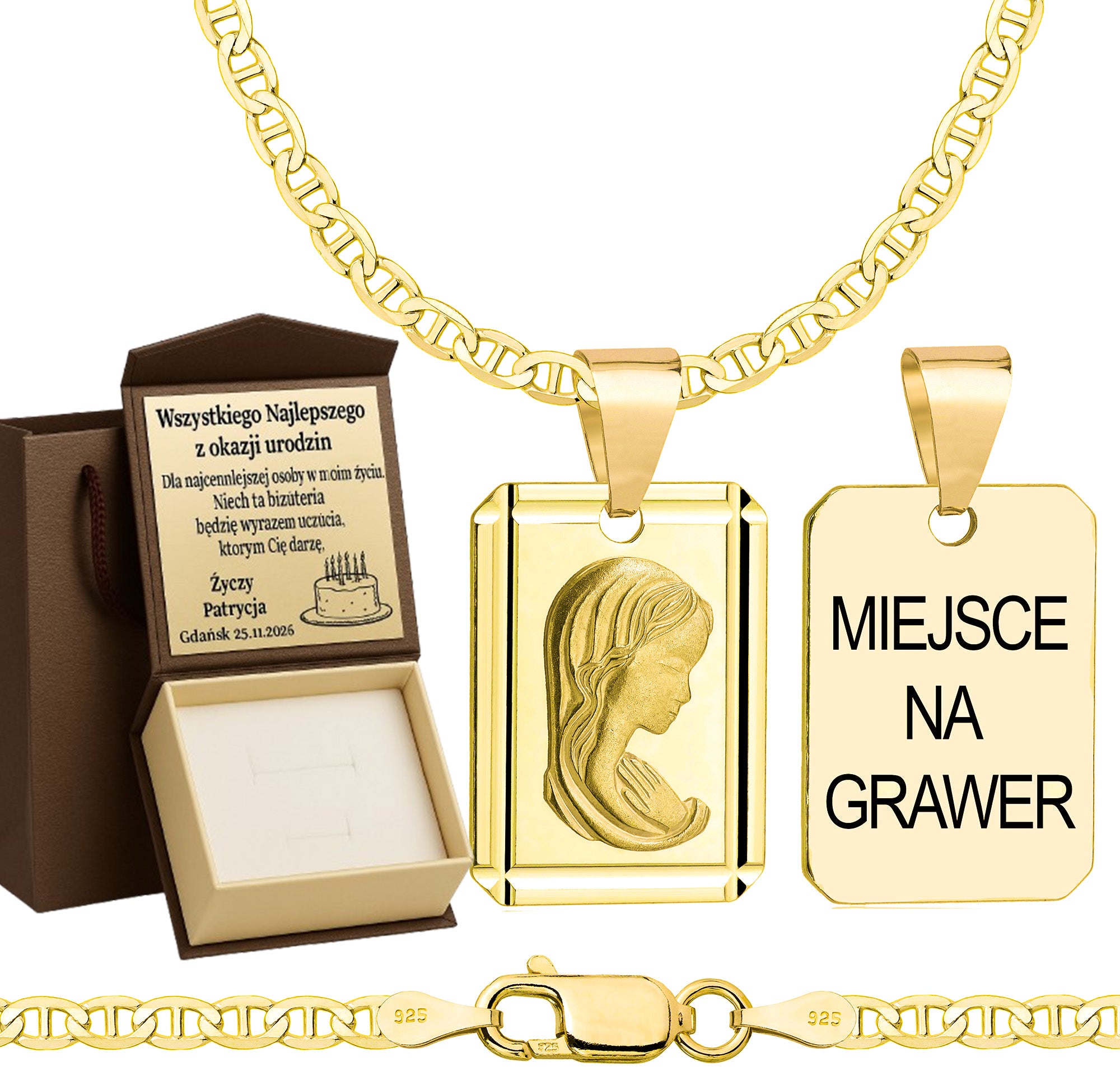 Łańcuszek pozłacany srebrny z medalikiem gucci 2,6mm pr. 925