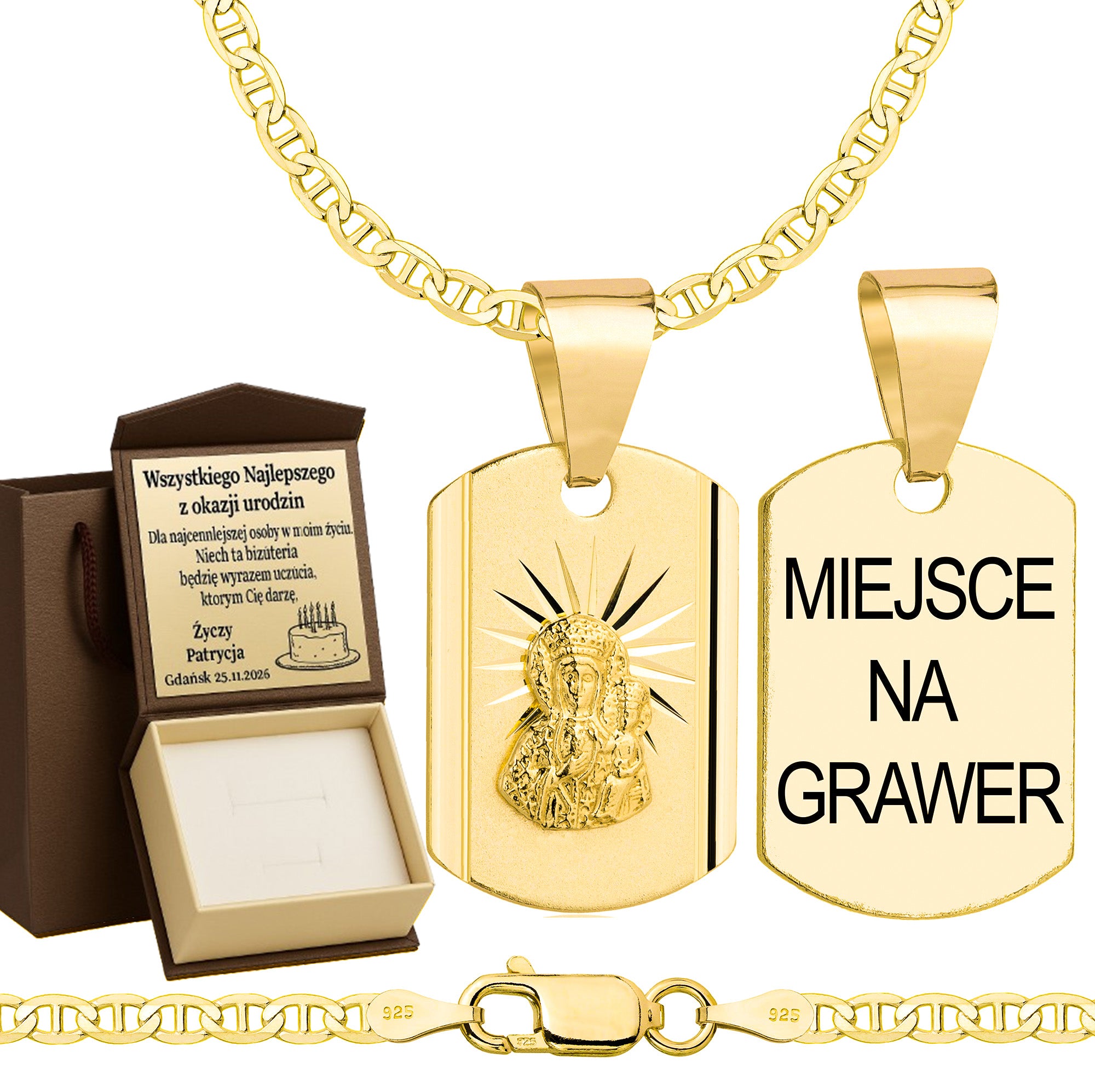 Łańcuszek pozłacany srebrny z medalikiem gucci 2,6mm pr. 925