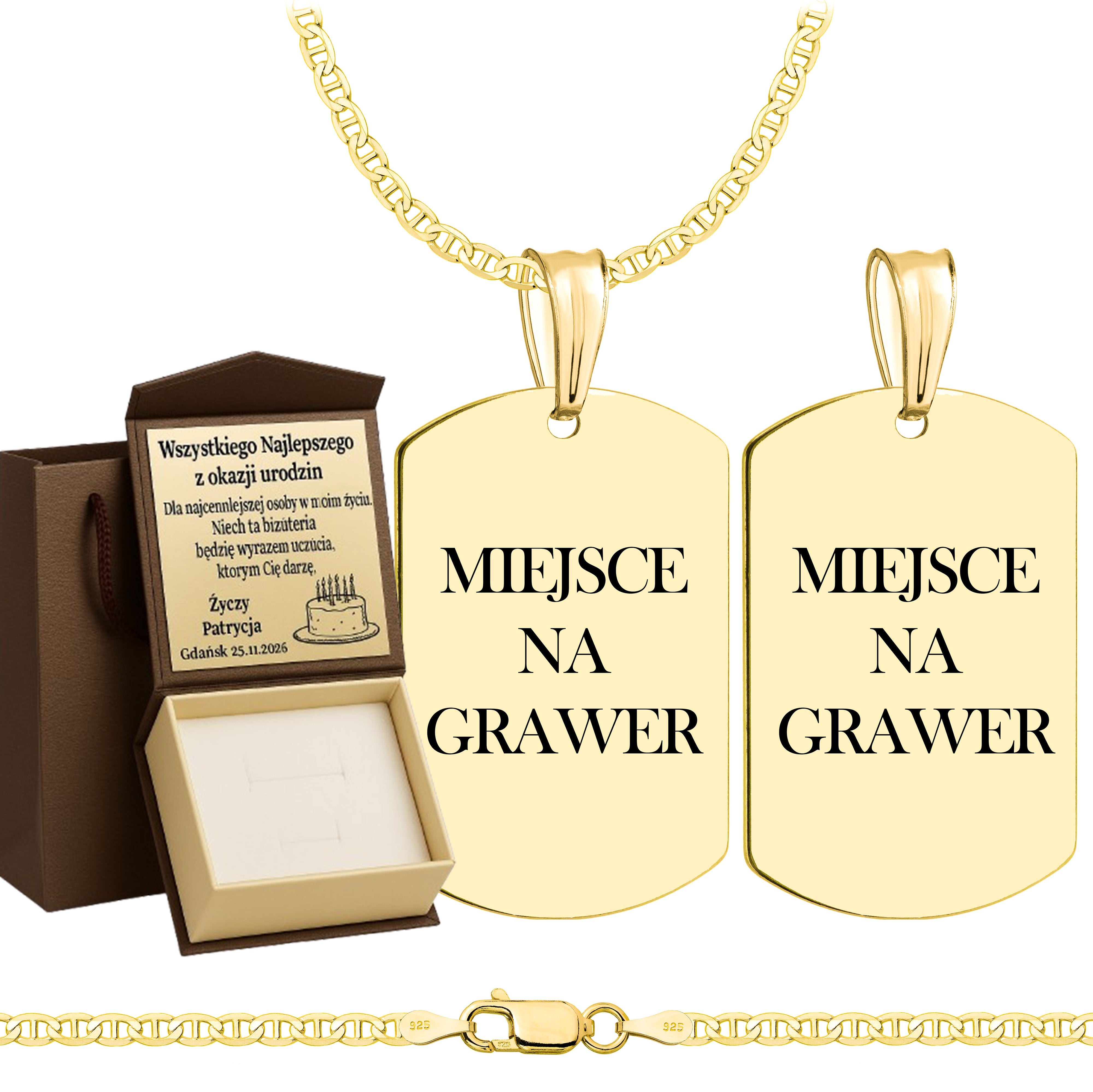 Łańcuszek pozłacany srebrny z nieśmiertelnikiem gucci 2,6mm pr. 925