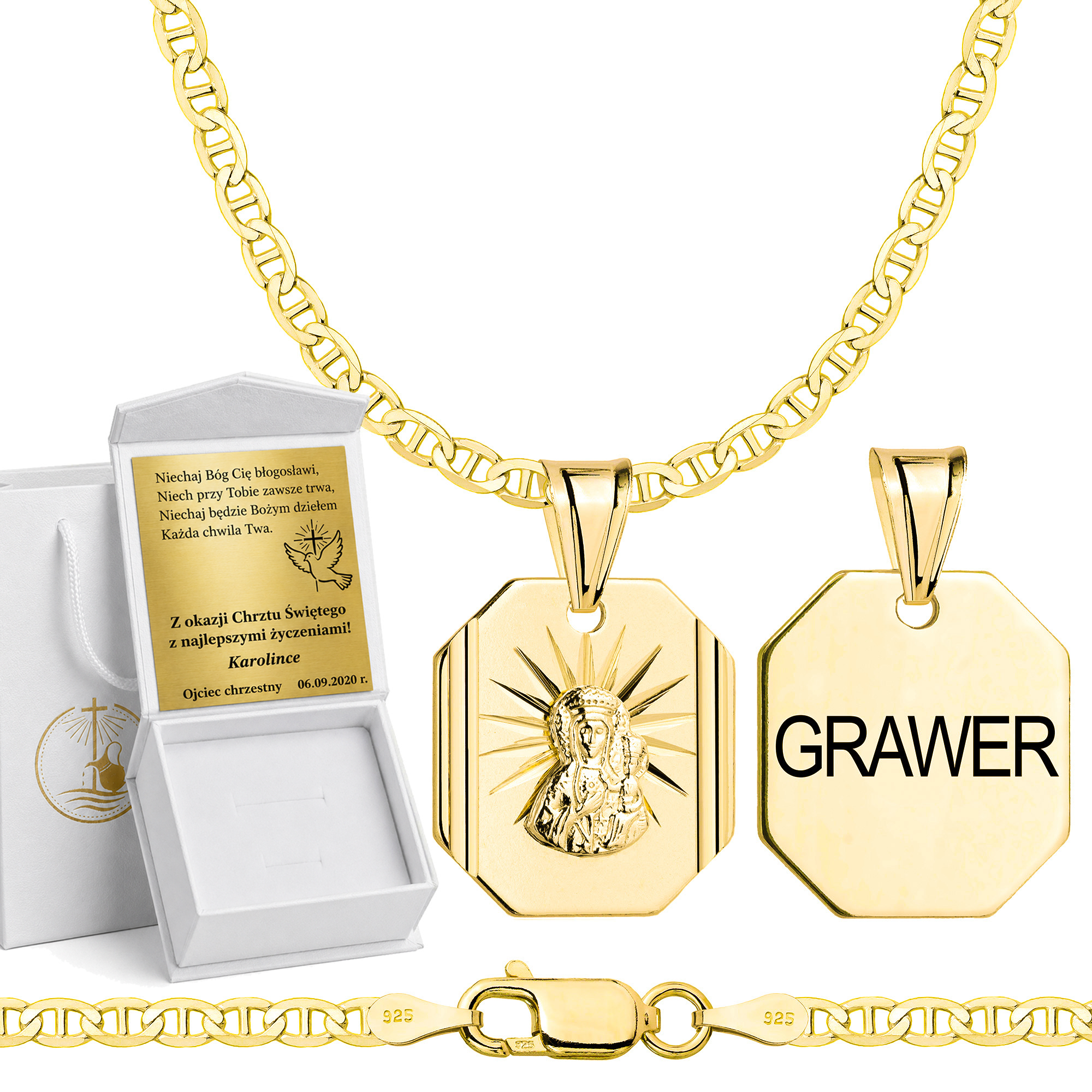 Łańcuszek na Chrzest pozłacany srebrny gucci z medalikiem 2,6mm z grawerowanym pudełeczkiem i zawieszką pr. 925