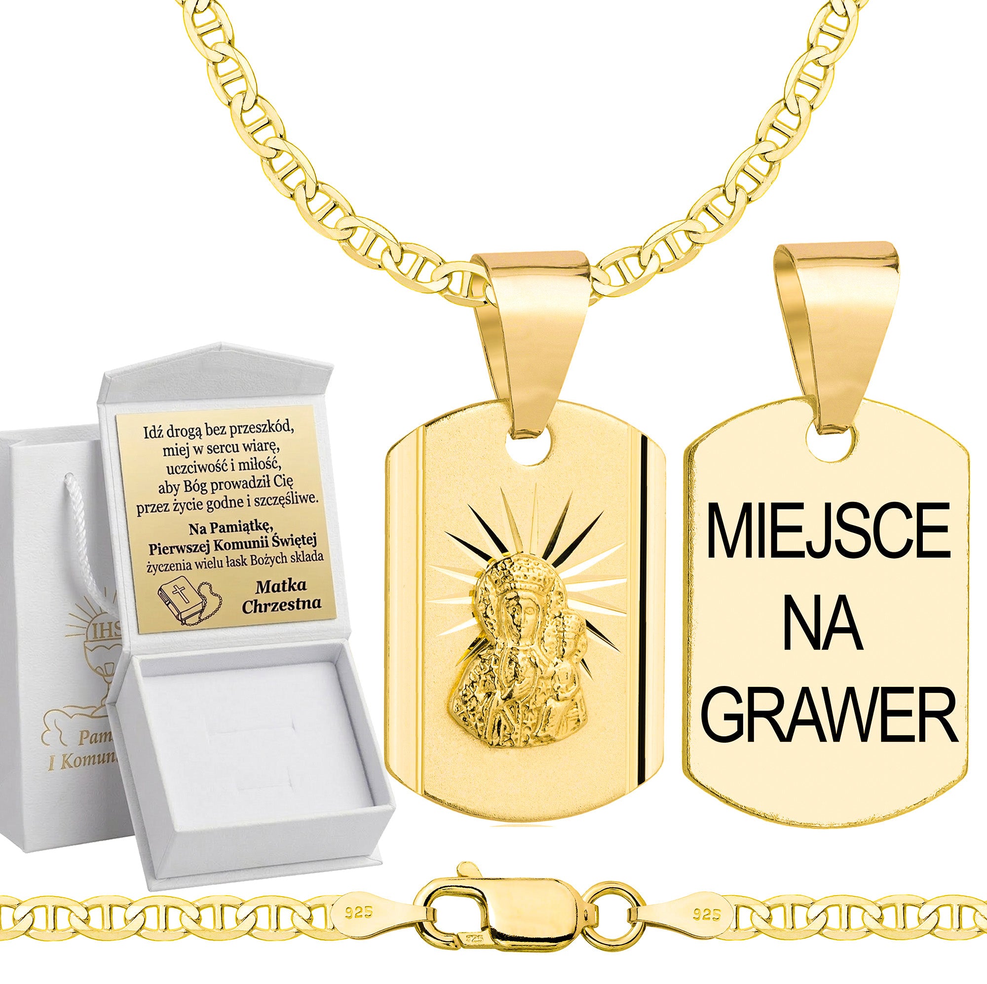 Łańcuszek komunijny pozłacany srebrny gucci z medalikiem 2,6mm z grawerowanym pudełeczkiem i zawieszką pr. 925