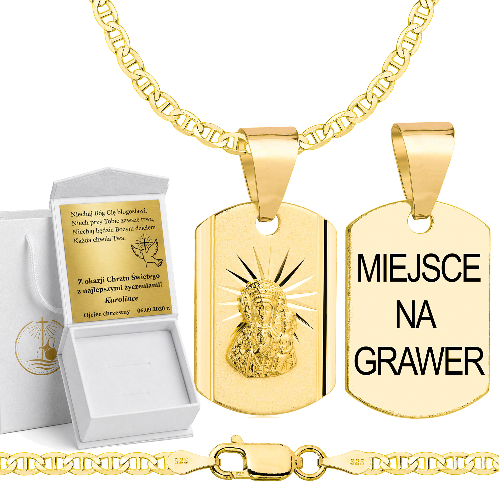 Łańcuszek na Chrzest pozłacany srebrny gucci z medalikiem 2,6mm z grawerowanym pudełeczkiem i zawieszką pr. 925