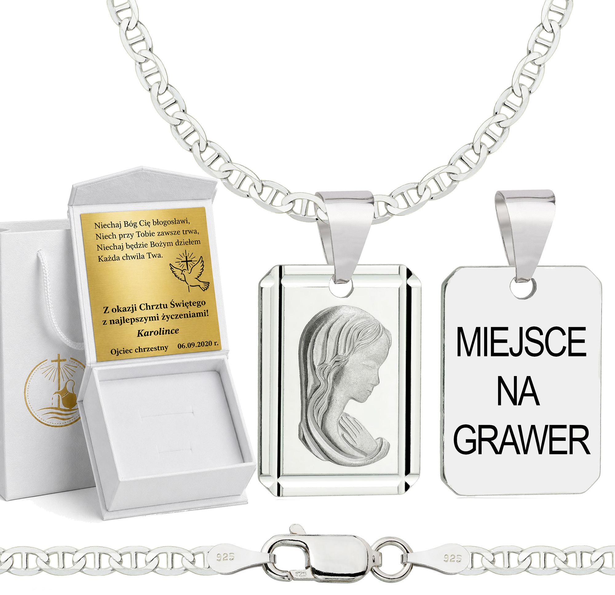 Łańcuszek na Chrzest srebrny z medalikiem gucci 2,6mm z grawerowanym pudełeczkiem i zawieszką pr. 925