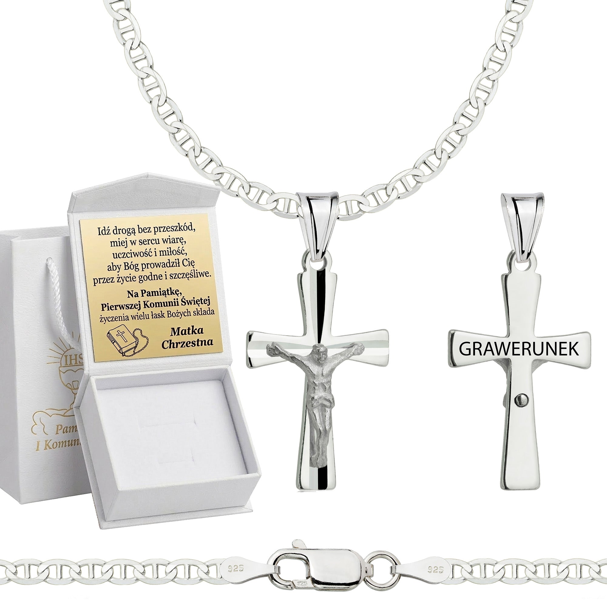 Łańcuszek komunijny srebrny z krzyżykiem gucci 2,6mm z grawerowanym pudełeczkiem i zawieszką pr. 925