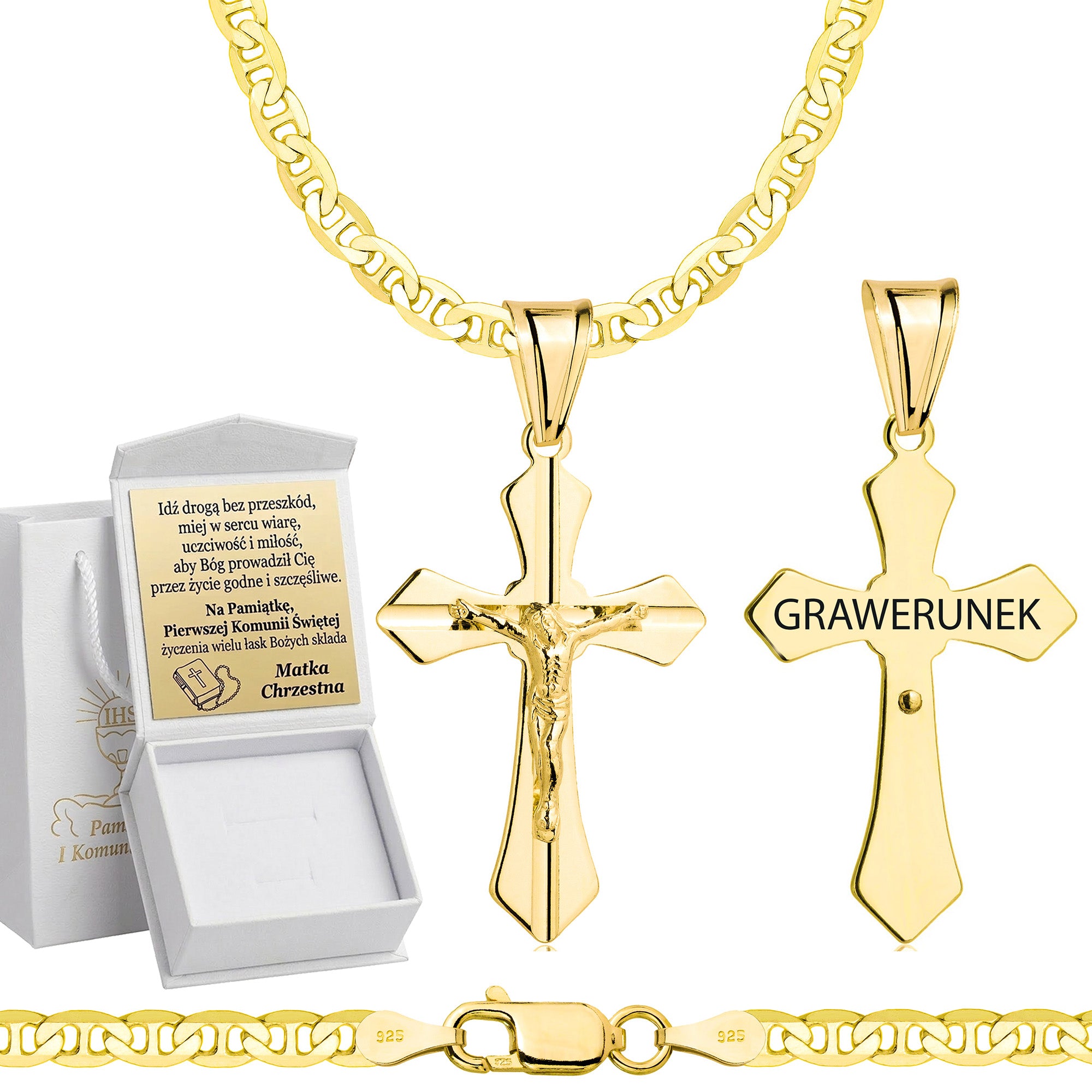 Łańcuszek komunijny pozłacany srebrny gucci z krzyżykiem 3,5mm z grawerowanym pudełeczkiem i zawieszką pr. 925
