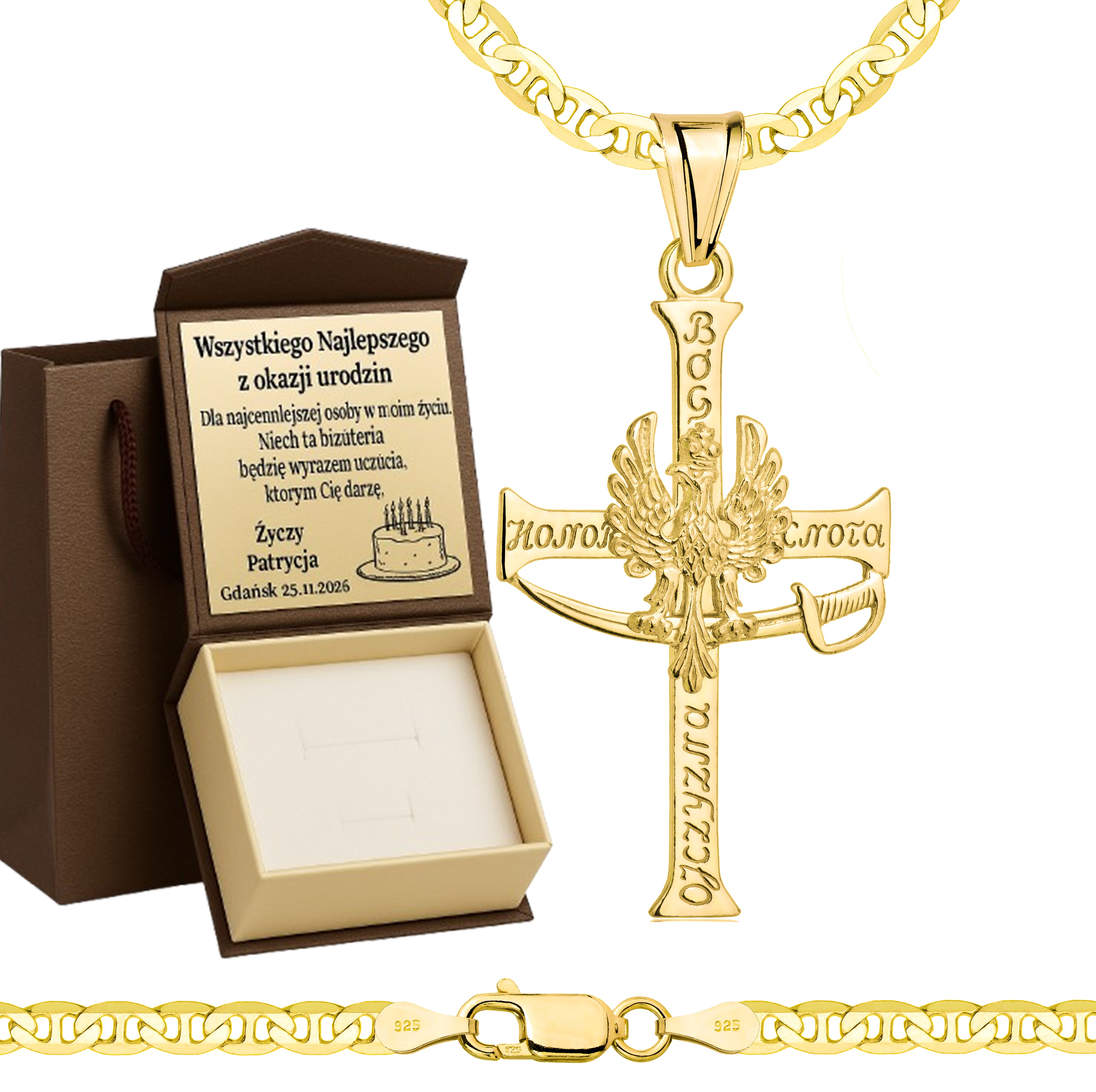 Łańcuszek pozłacany srebrny z krzyżykiem gucci 3,5mm pr. 925