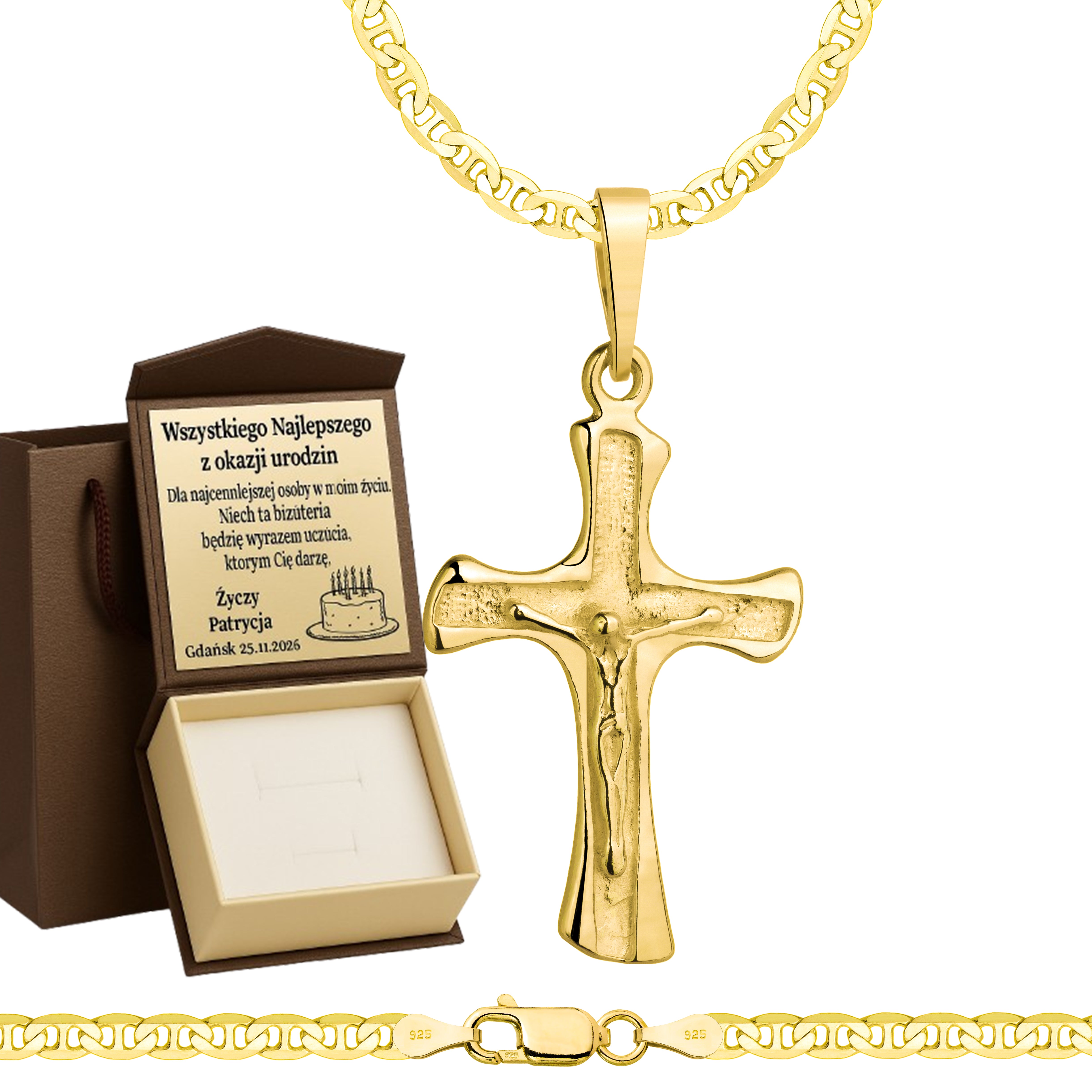 Łańcuszek pozłacany srebrny z krzyżykiem gucci 3,5mm pr. 925