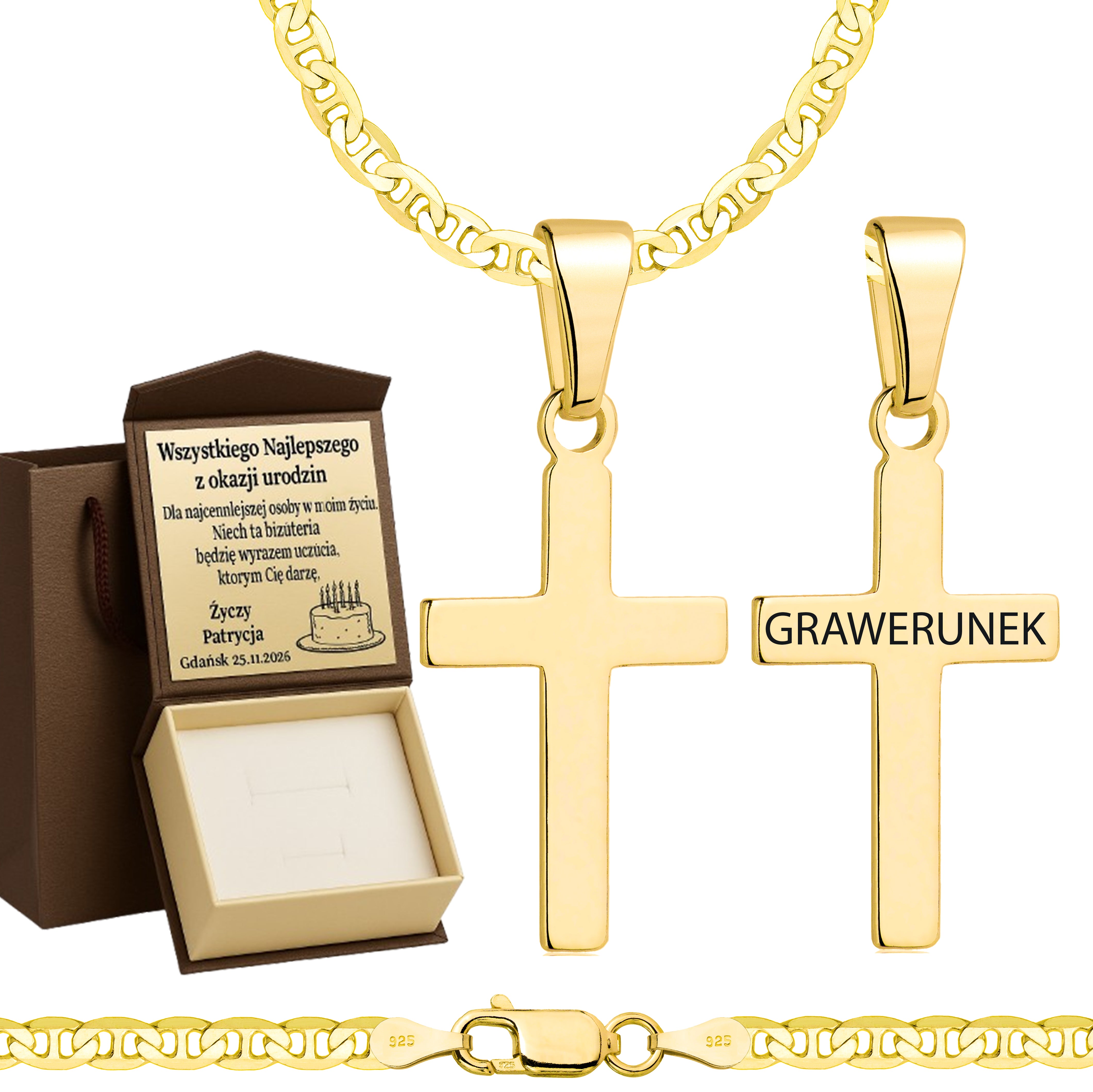 Łańcuszek pozłacany srebrny z krzyżykiem gucci 3,5mm pr. 925