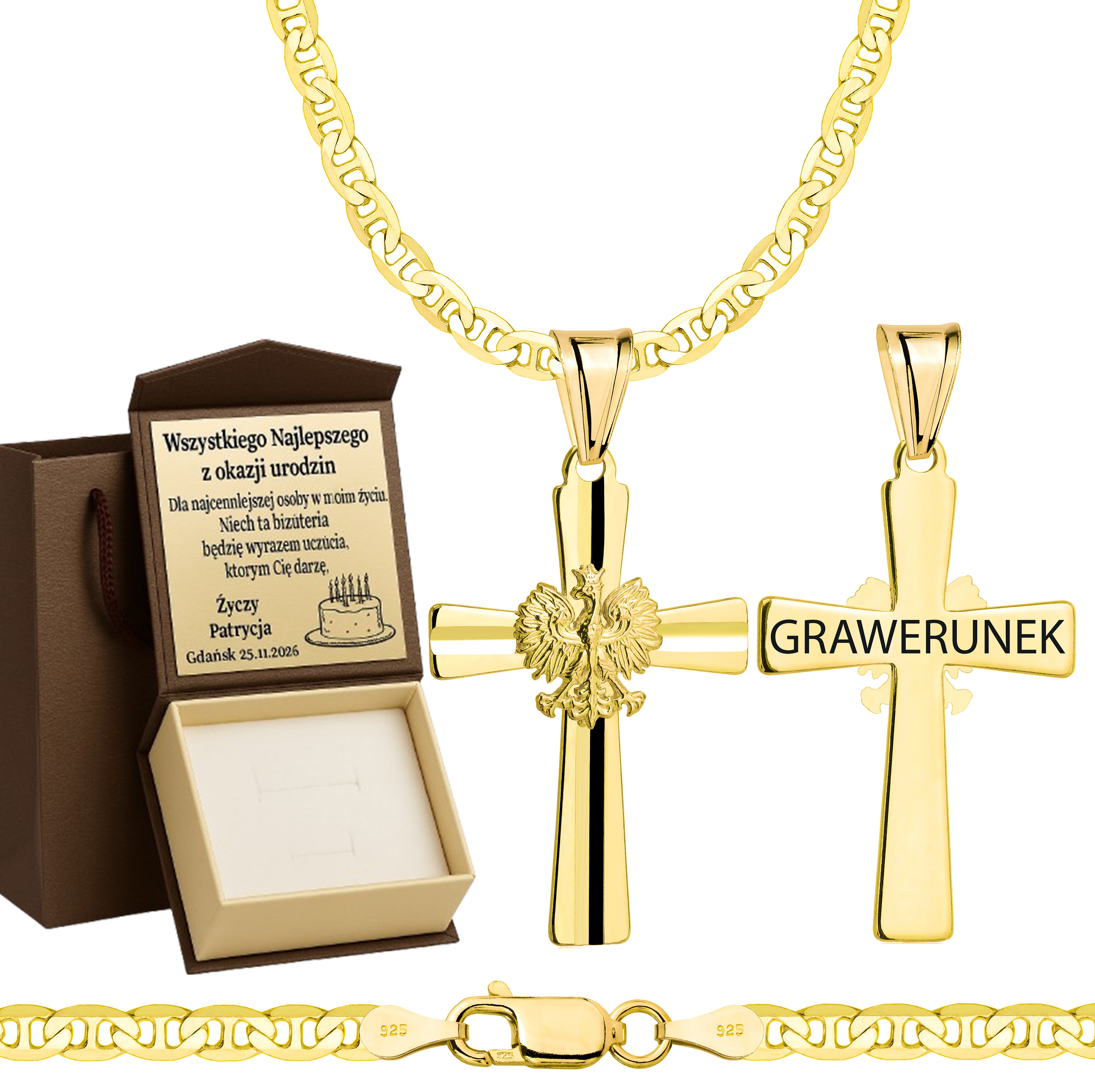 Łańcuszek pozłacany srebrny z krzyżykiem gucci 3,5mm pr. 925