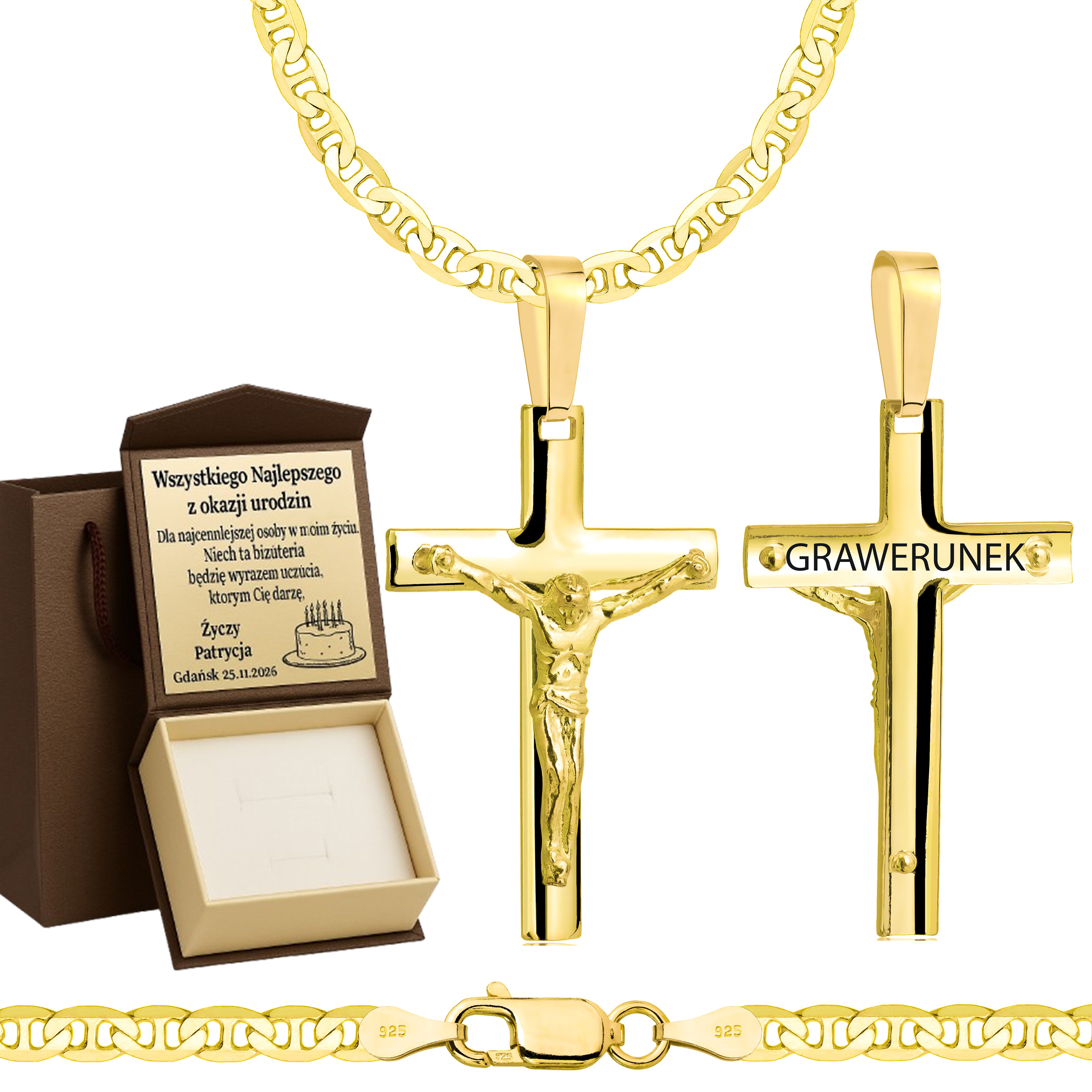 Łańcuszek pozłacany srebrny z krzyżykiem gucci 3,5mm pr. 925