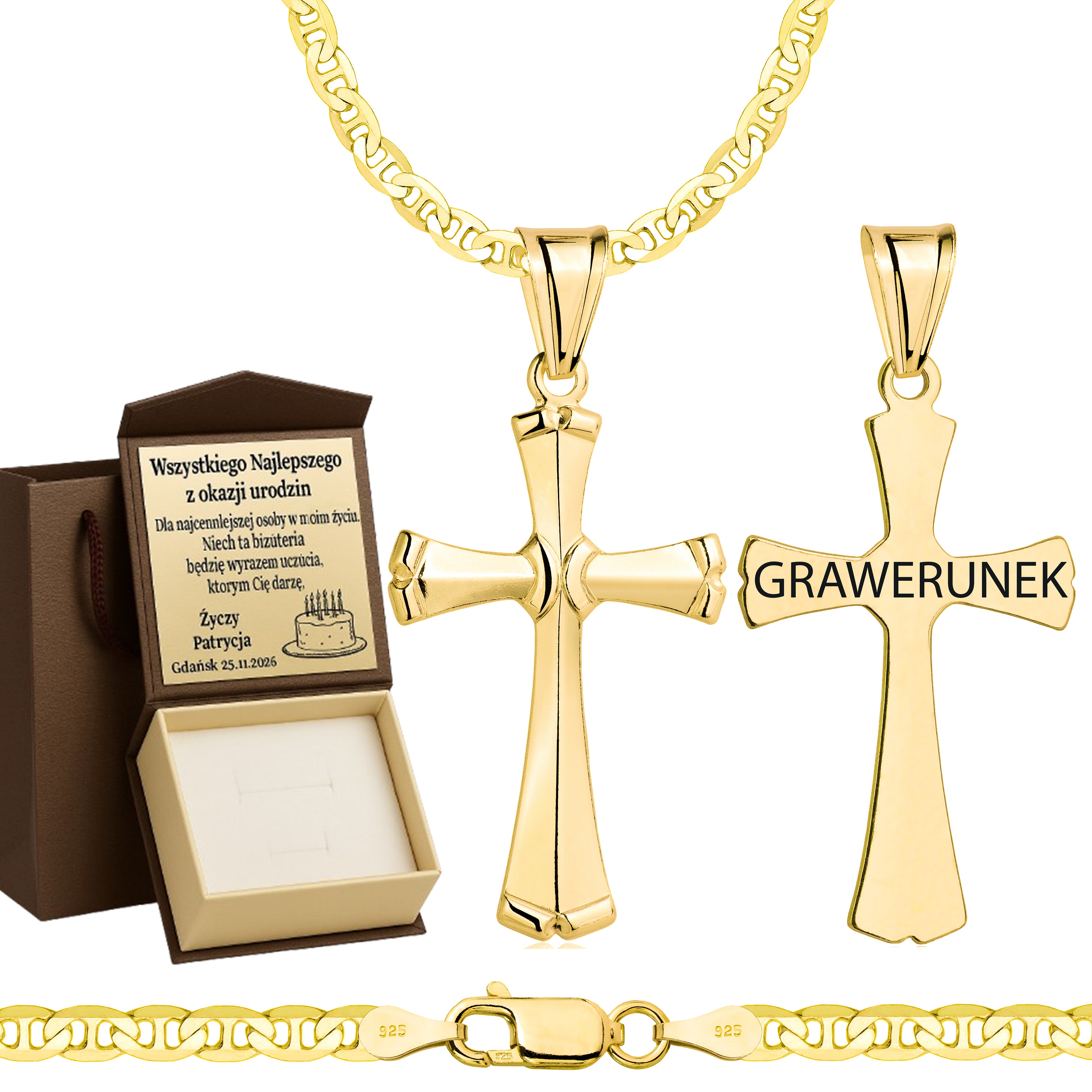 Łańcuszek pozłacany srebrny z krzyżykiem gucci 3,5mm pr. 925