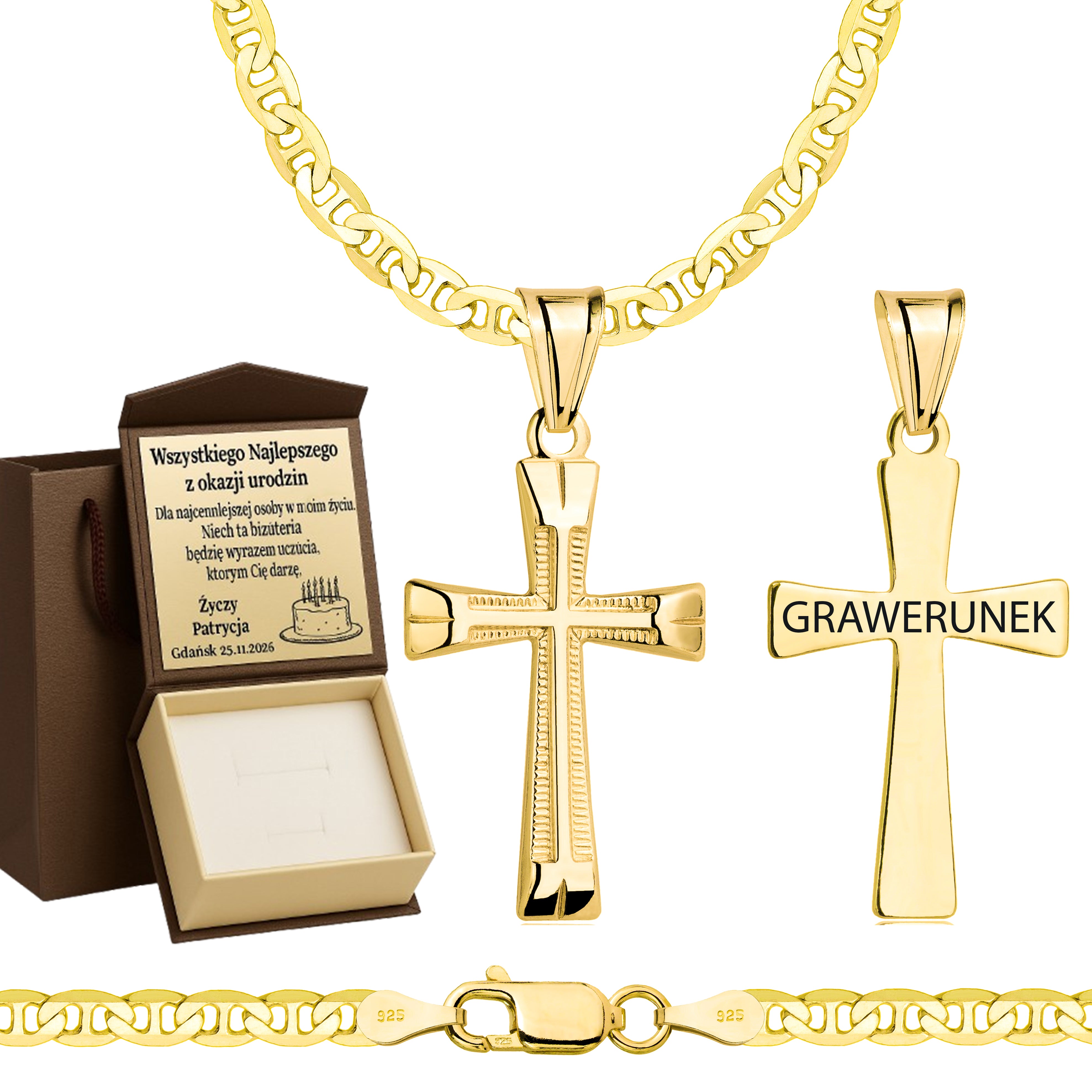 Łańcuszek pozłacany srebrny z krzyżykiem gucci 3,5mm pr. 925