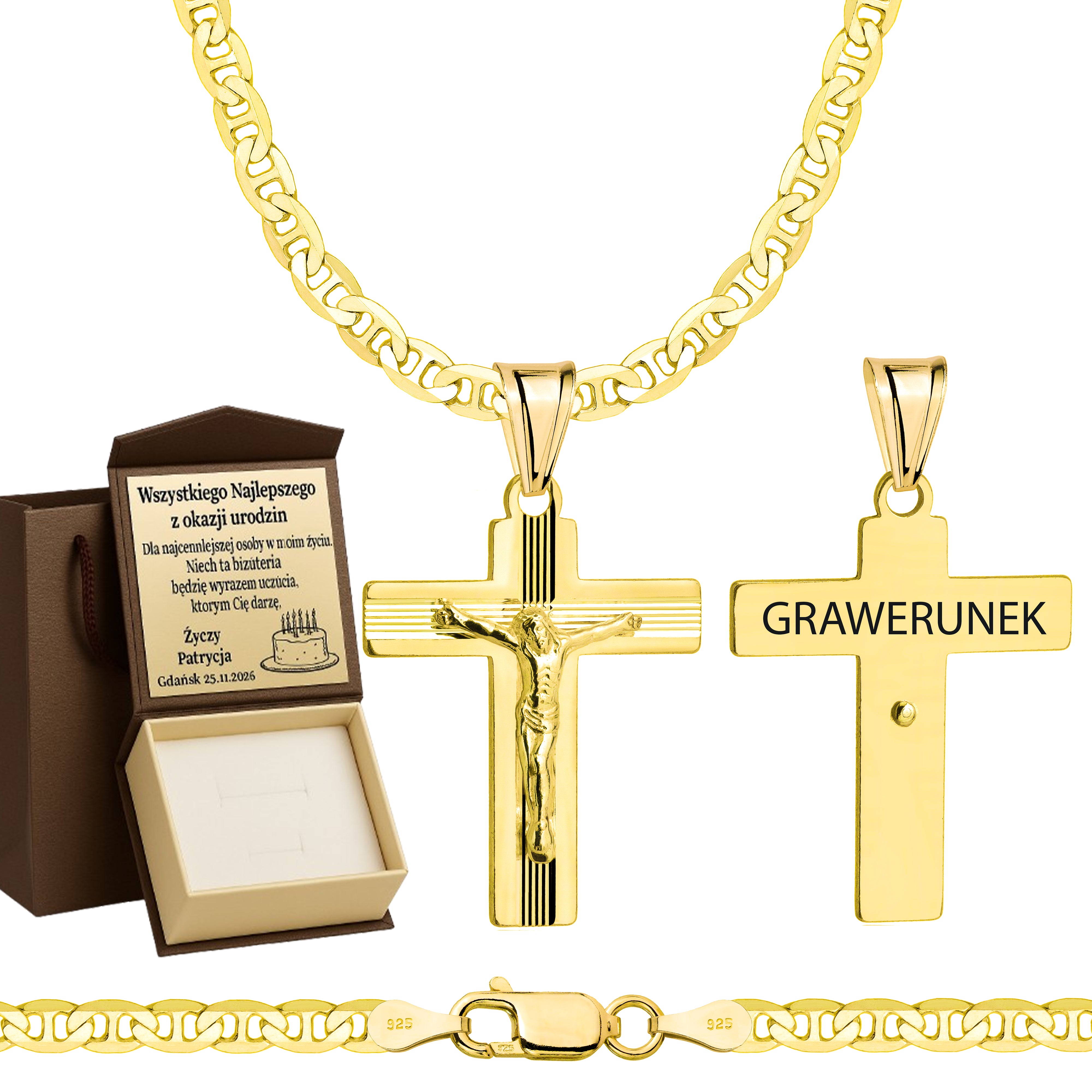 Łańcuszek pozłacany srebrny z krzyżykiem gucci 3,5mm pr. 925