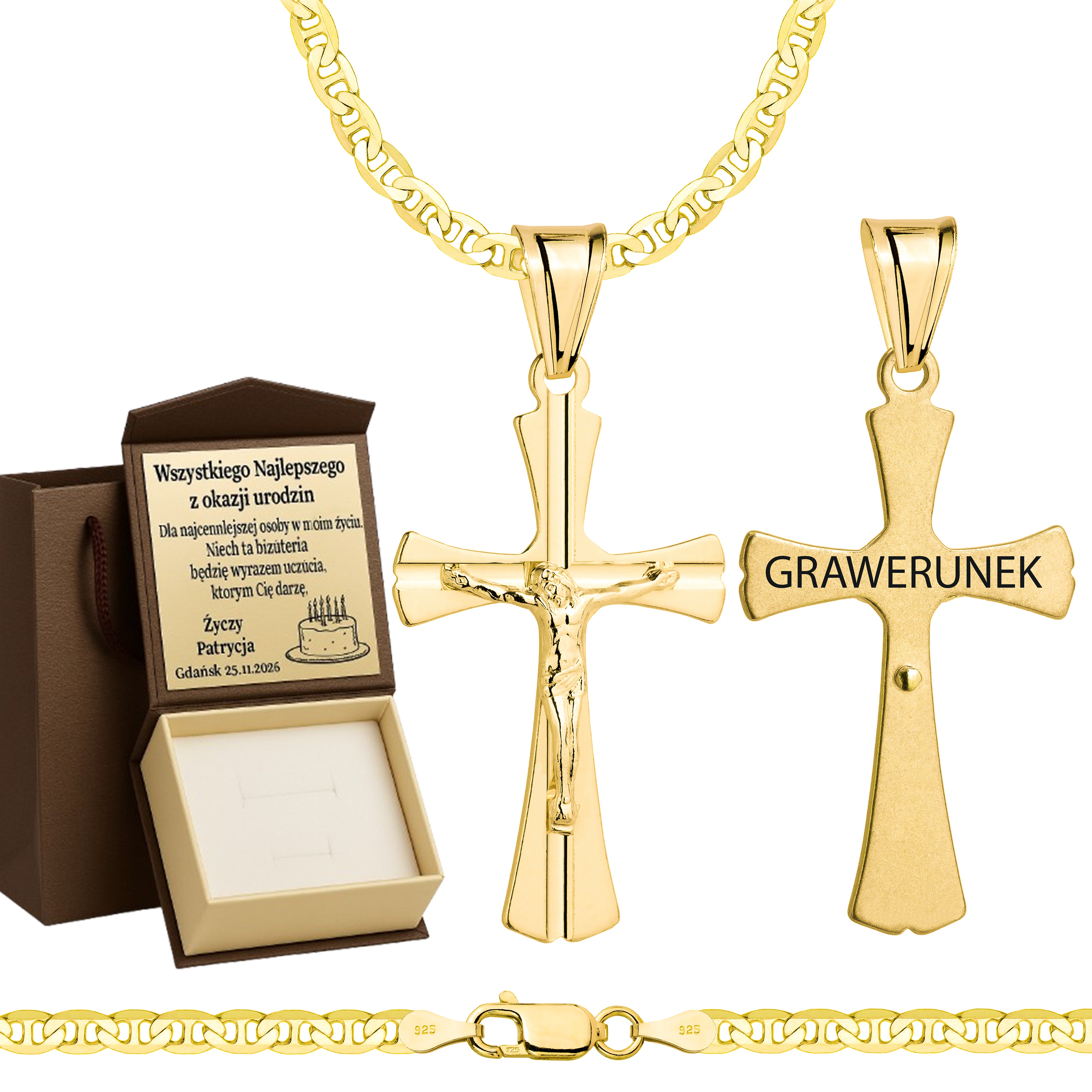 Łańcuszek pozłacany srebrny z krzyżykiem gucci 3,5mm pr. 925