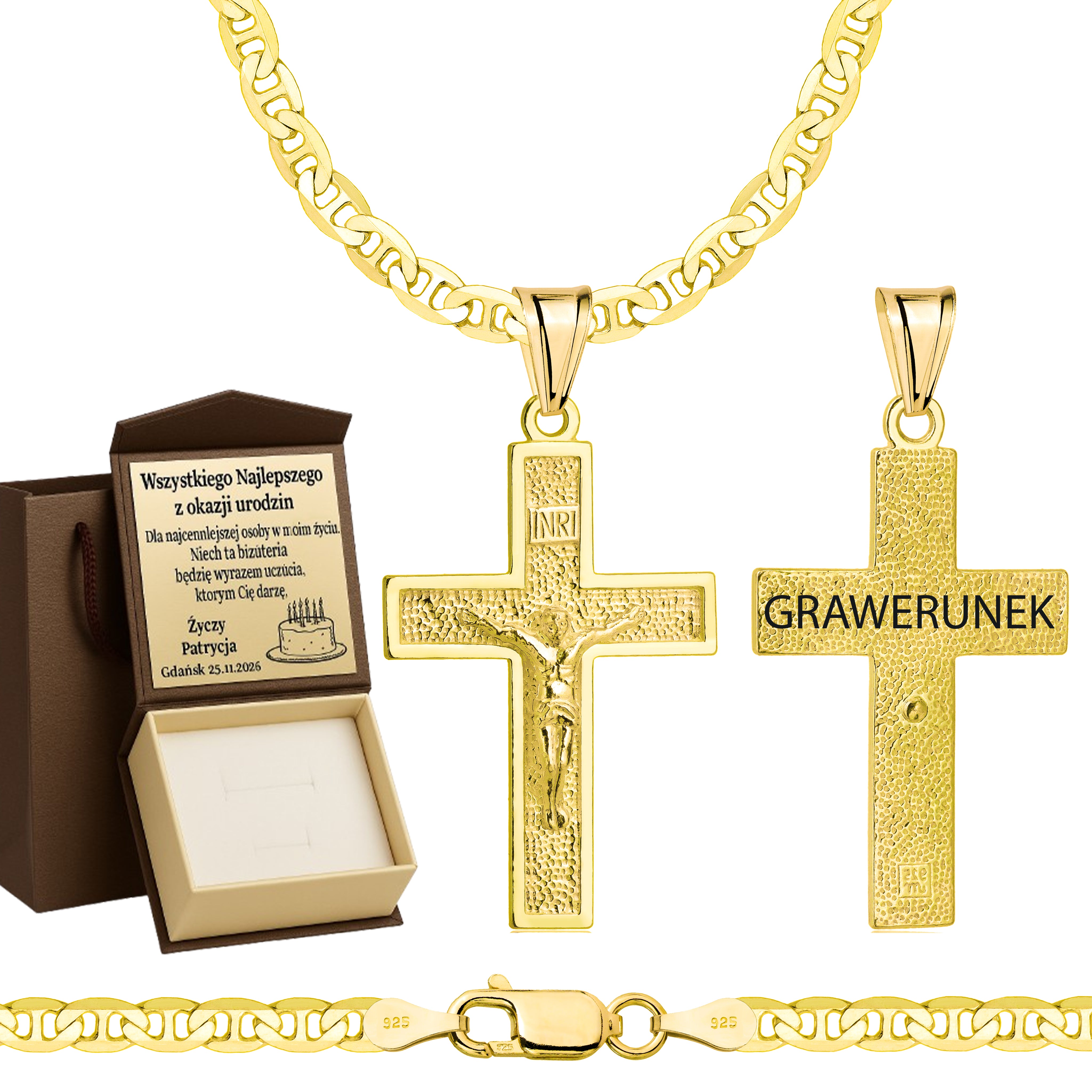 Łańcuszek pozłacany srebrny z krzyżykiem gucci 3,5mm pr. 925