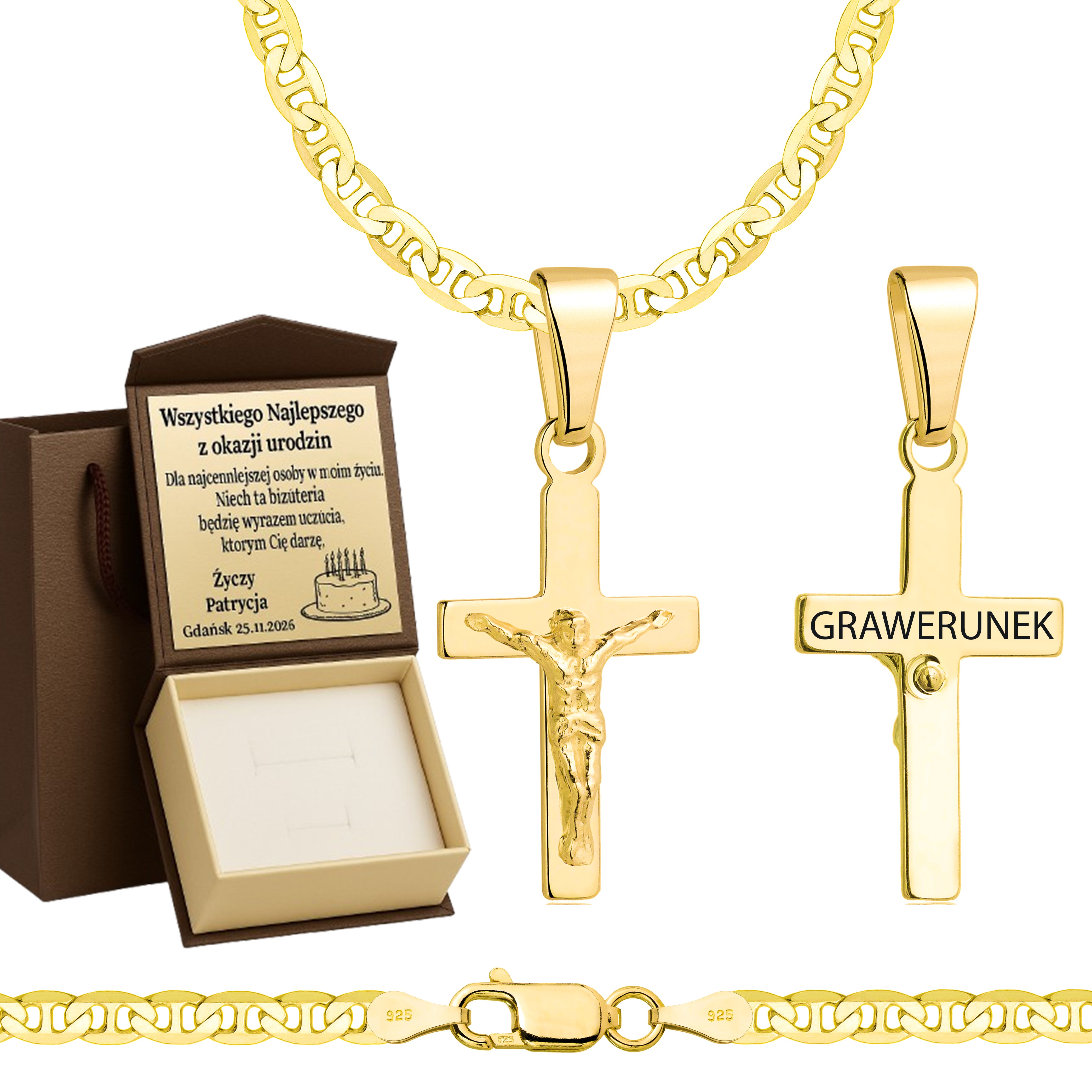 Łańcuszek pozłacany srebrny z krzyżykiem gucci 3,5mm pr. 925