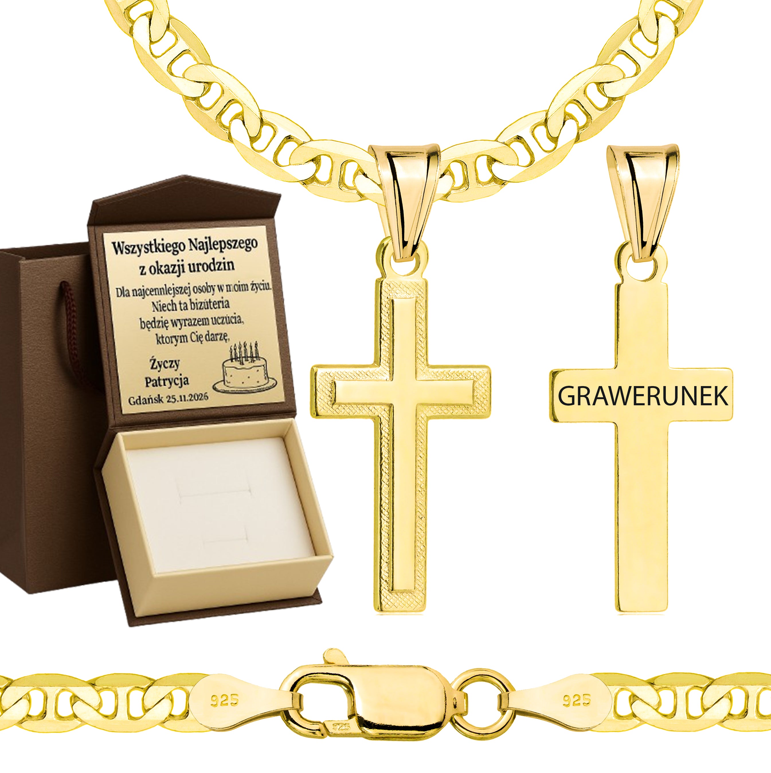 Łańcuszek pozłacany srebrny z krzyżykiem gucci 3,5mm pr. 925