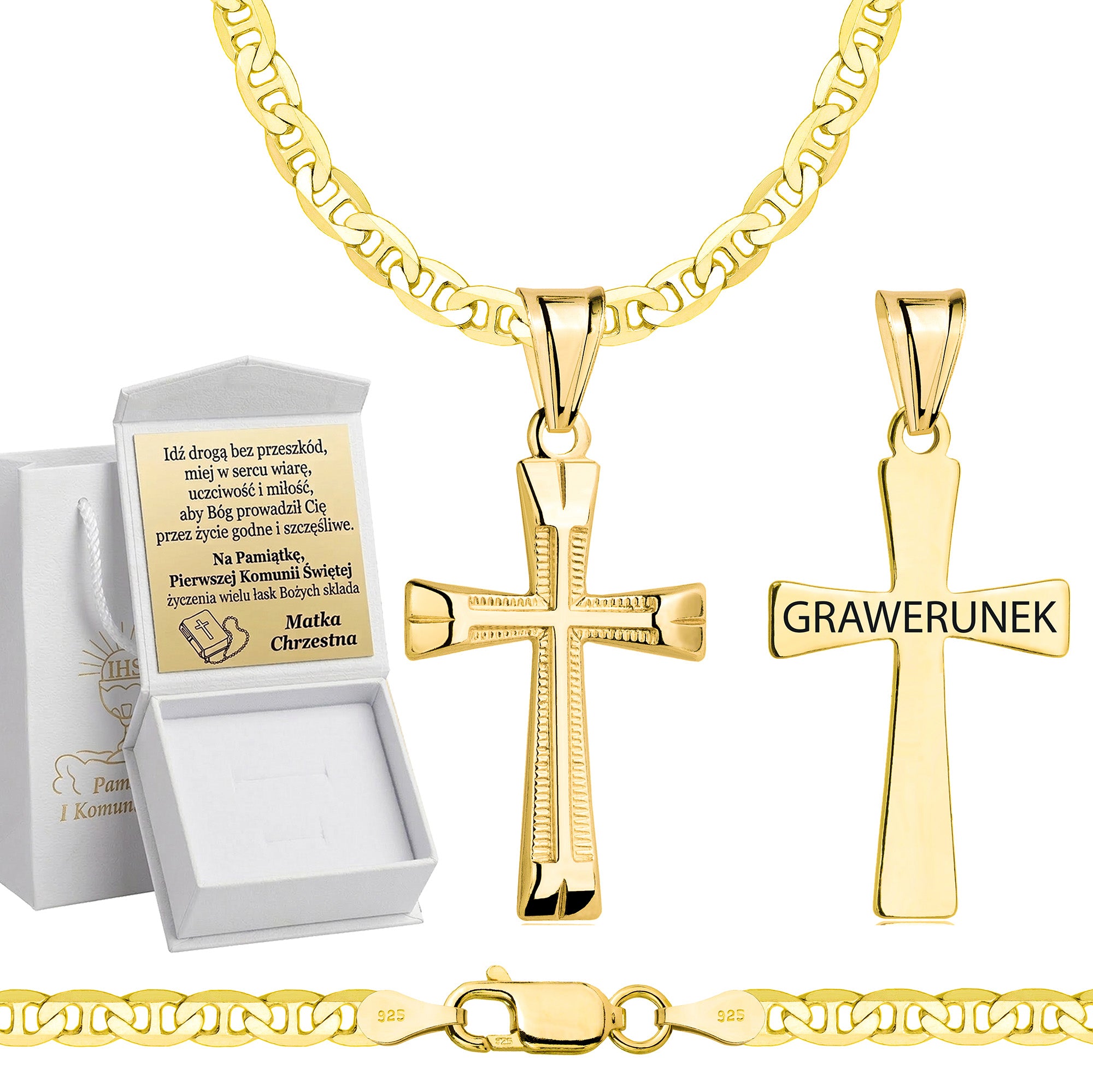 Łańcuszek komunijny pozłacany srebrny gucci z krzyżykiem 3,5mm z grawerowanym pudełeczkiem i zawieszką pr. 925