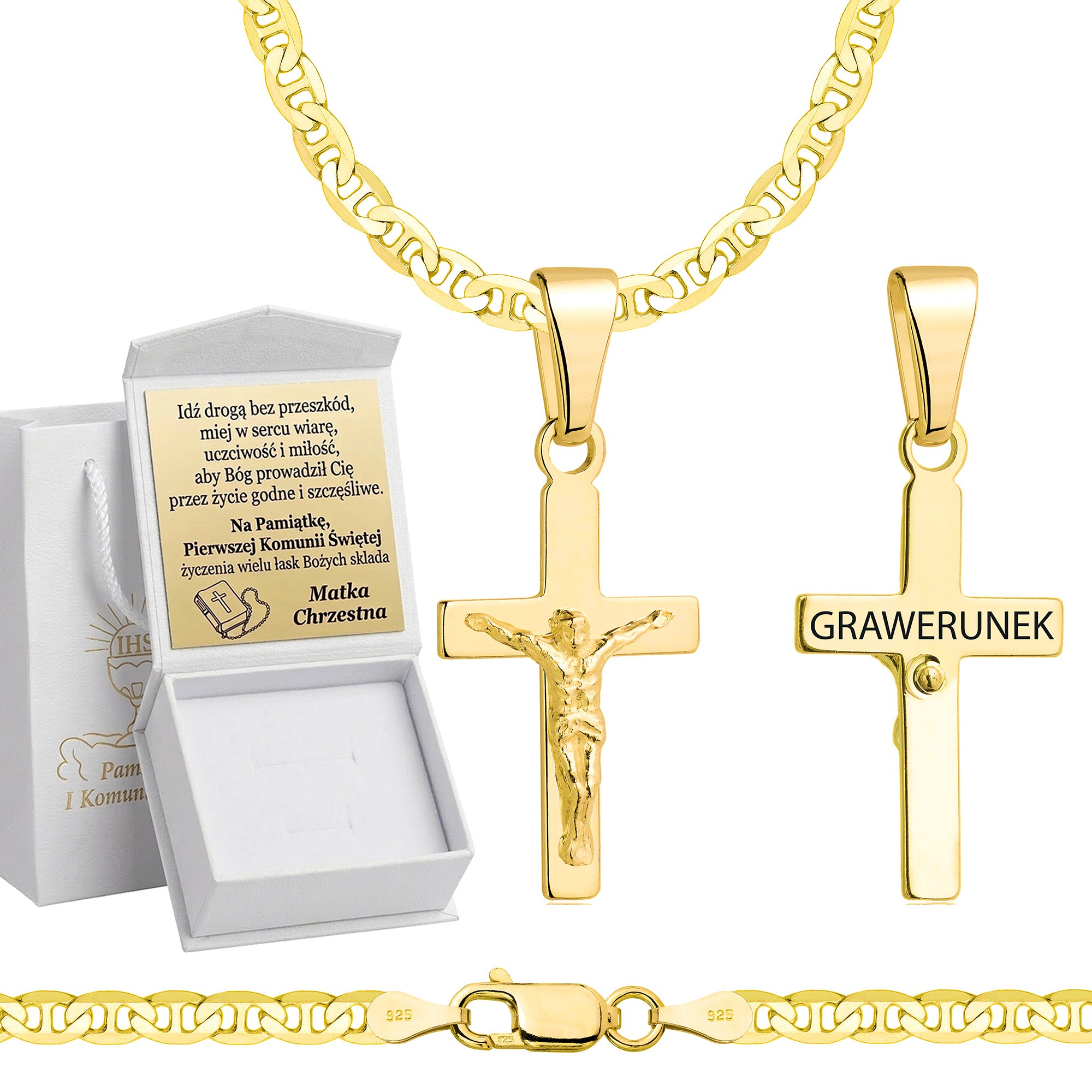 Łańcuszek komunijny pozłacany srebrny gucci z krzyżykiem 3,5mm z grawerowanym pudełeczkiem i zawieszką pr. 925