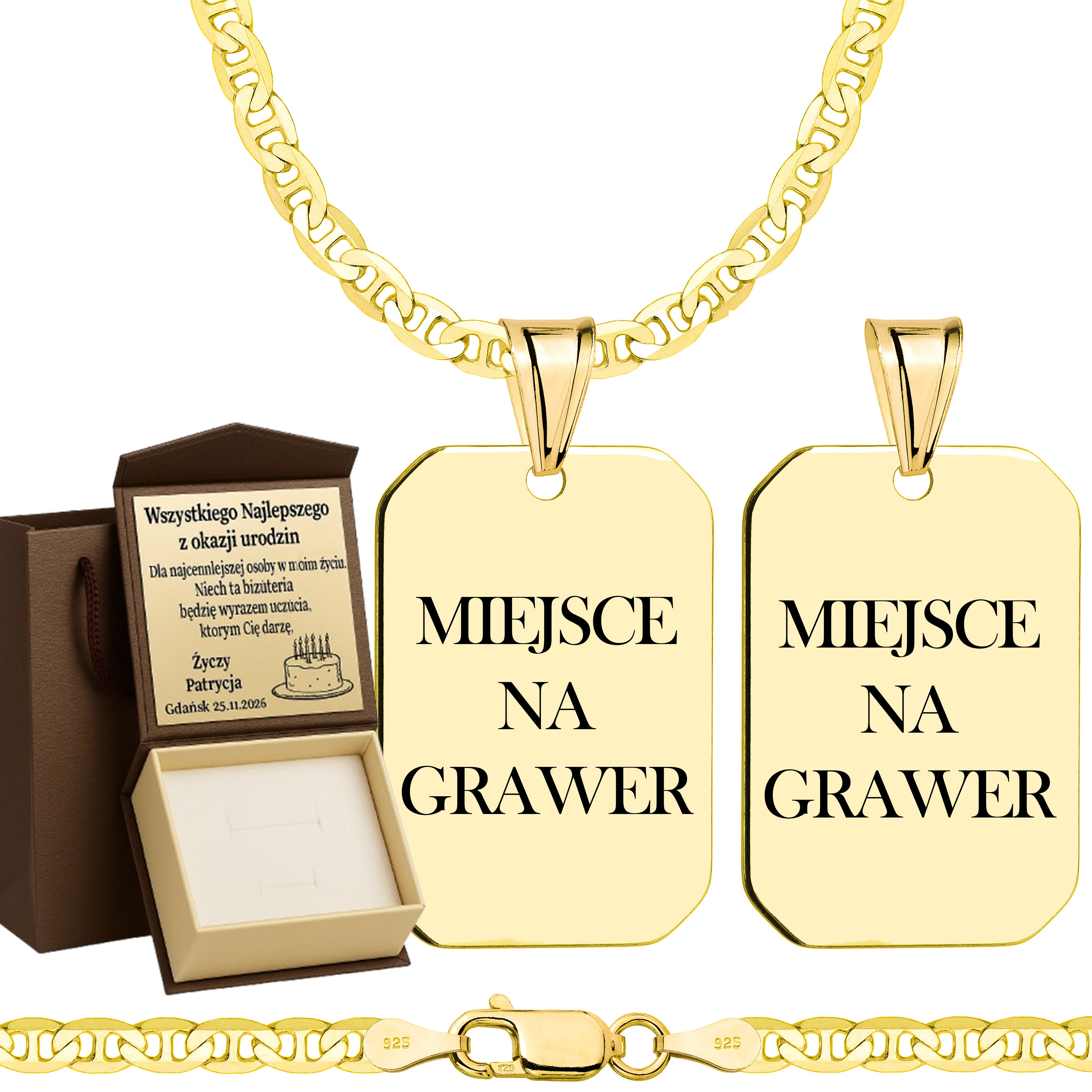 Łańcuszek pozłacany srebrny z nieśmiertelnikiem gucci 3,5mm pr. 925 585