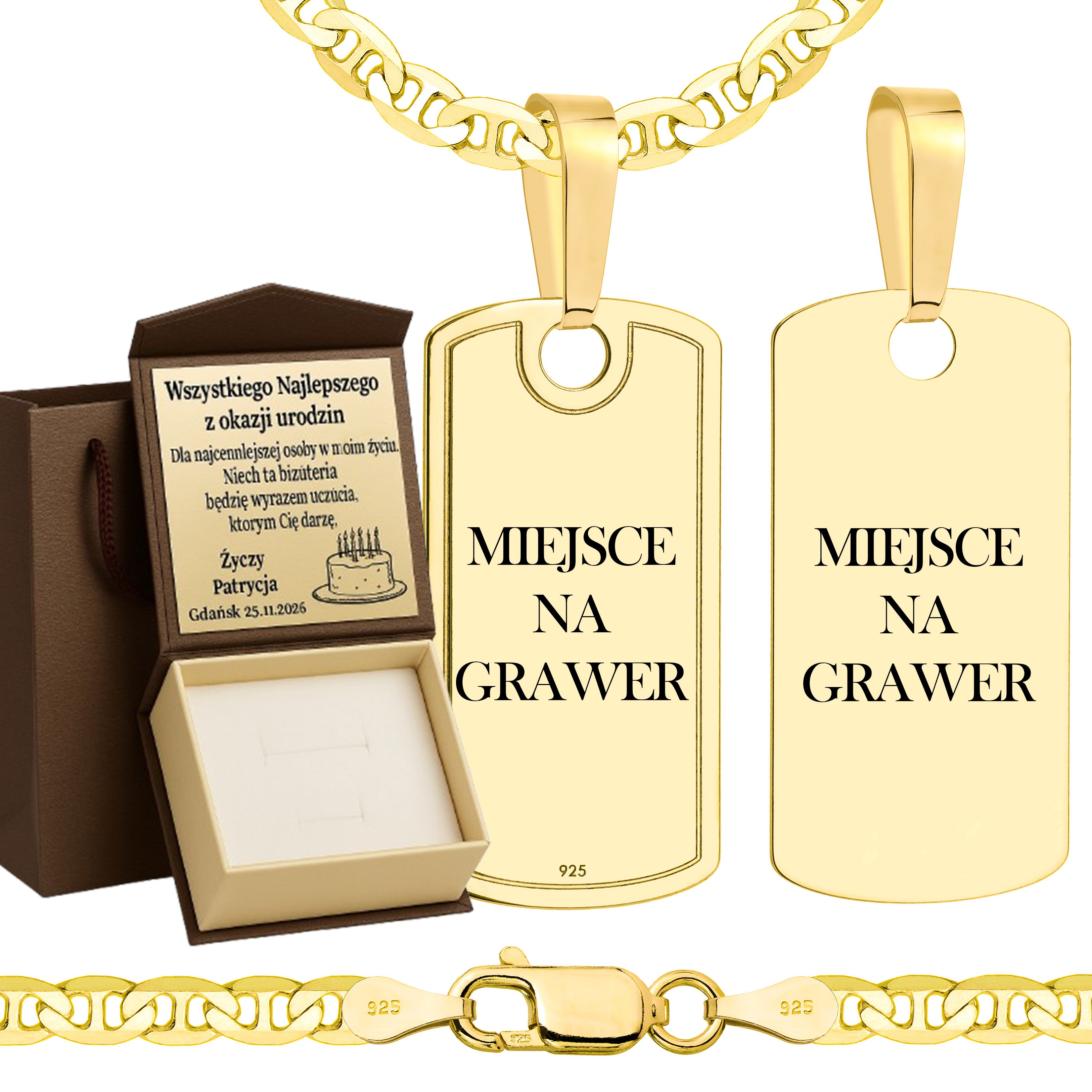 Łańcuszek pozłacany srebrny z nieśmiertelnikiem gucci 3,5mm pr. 925 585