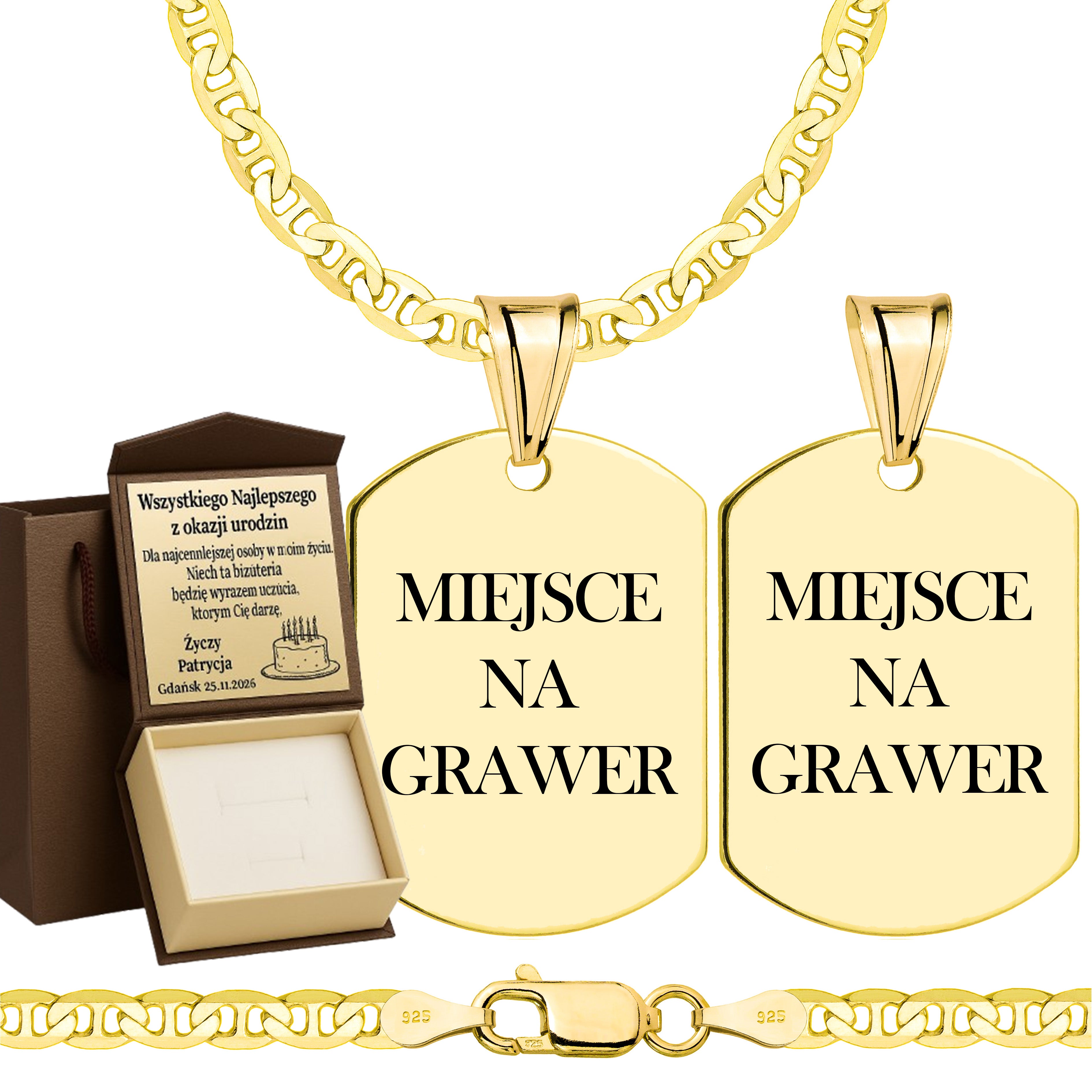 Łańcuszek pozłacany srebrny z nieśmiertelnikiem gucci 3,5mm pr. 925 585