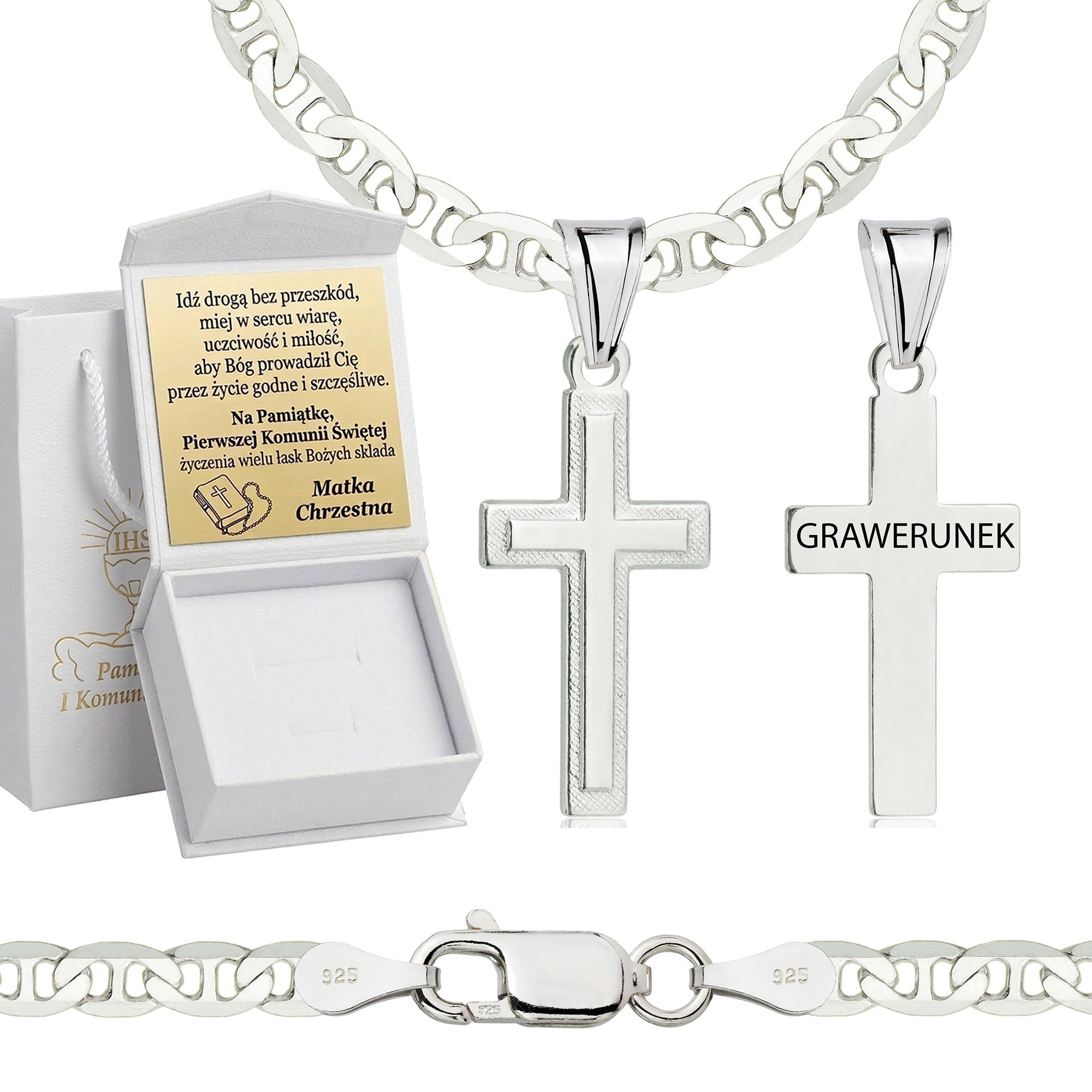 Łańcuszek komunijny srebrny z krzyżykiem gucci 3,5mm z grawerowanym pudełeczkiem i zawieszką pr. 925