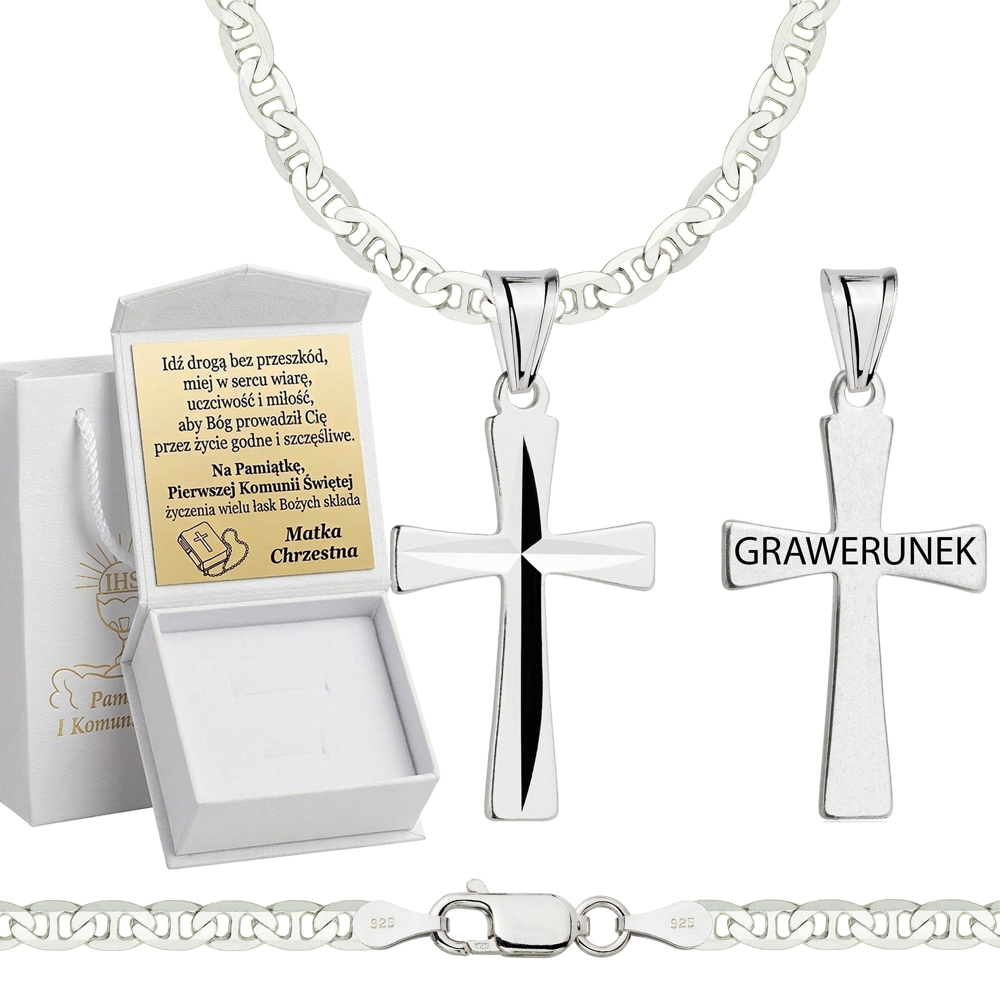 Łańcuszek komunijny srebrny z krzyżykiem gucci 3,5mm z grawerowanym pudełeczkiem i zawieszką pr. 925