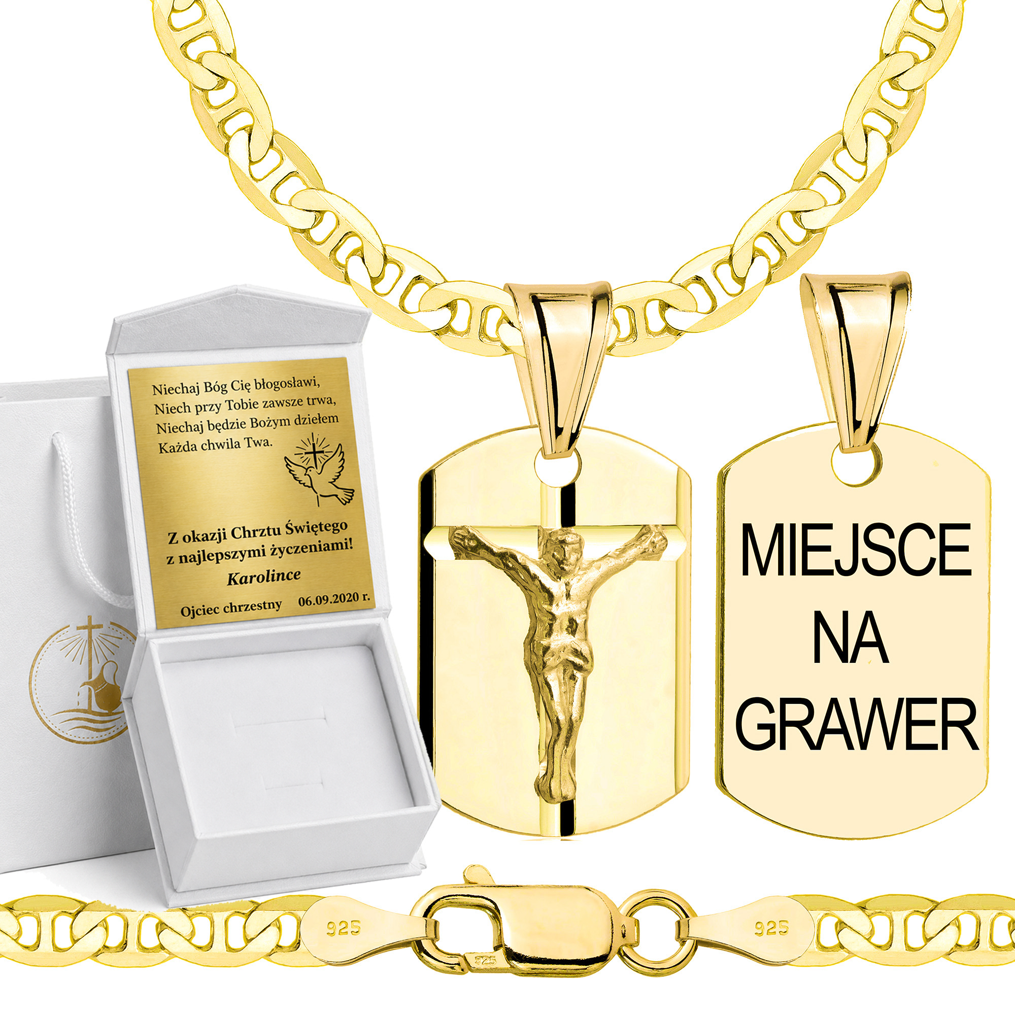 Łańcuszek na Chrzest pozłacany srebrny gucci z medalikiem 3,5mm z grawerowanym pudełeczkiem i zawieszką pr. 925
