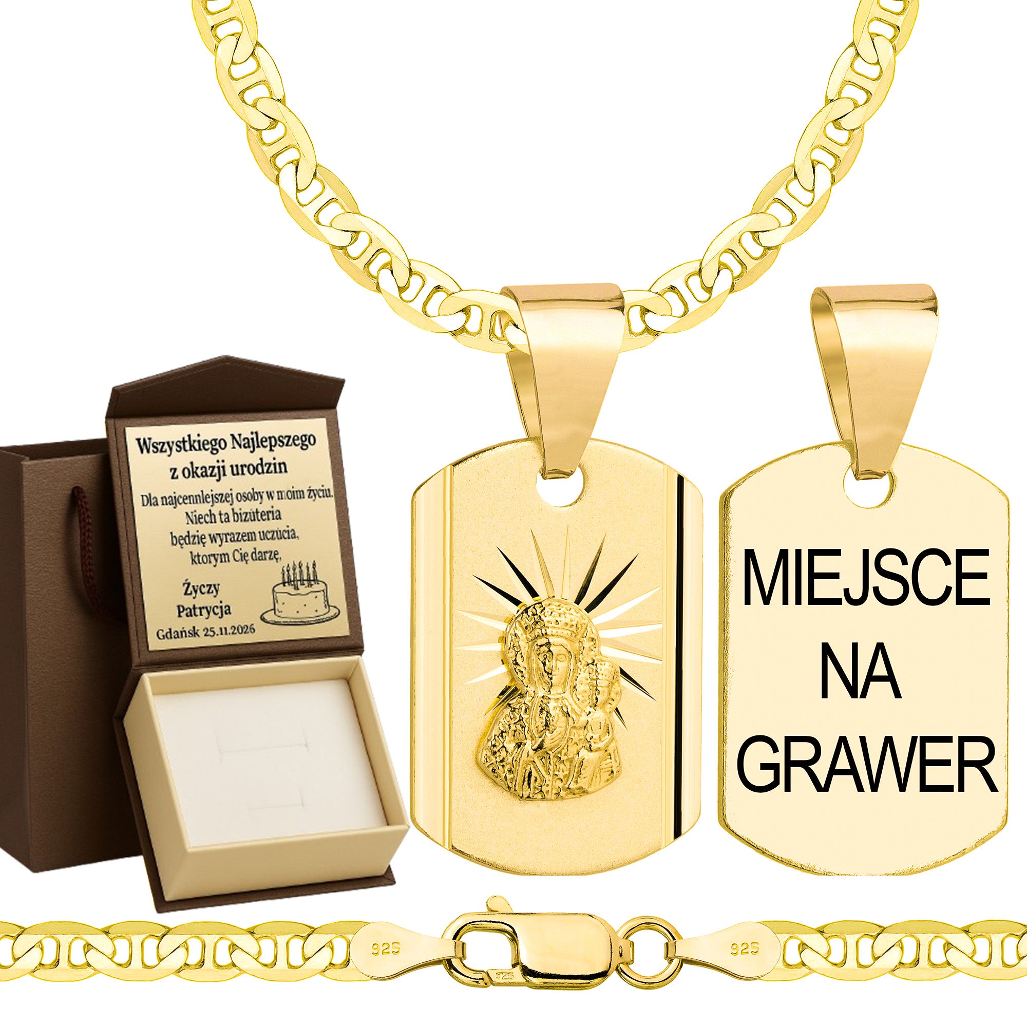 Łańcuszek pozłacany srebrny z medalikiem gucci 3,5mm pr. 925