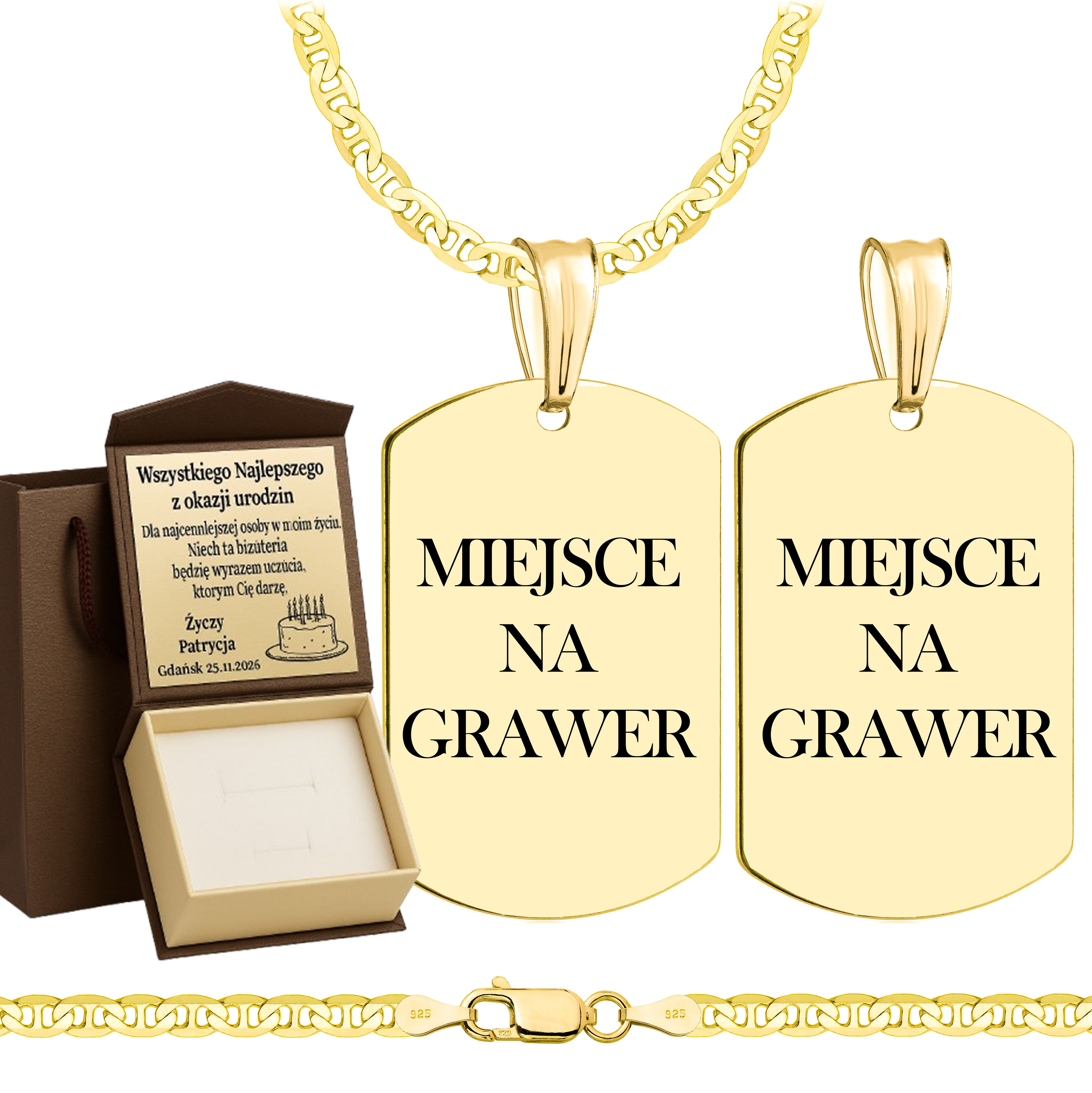 Łańcuszek pozłacany srebrny z nieśmiertelnikiem gucci 3,5mm pr. 925 585