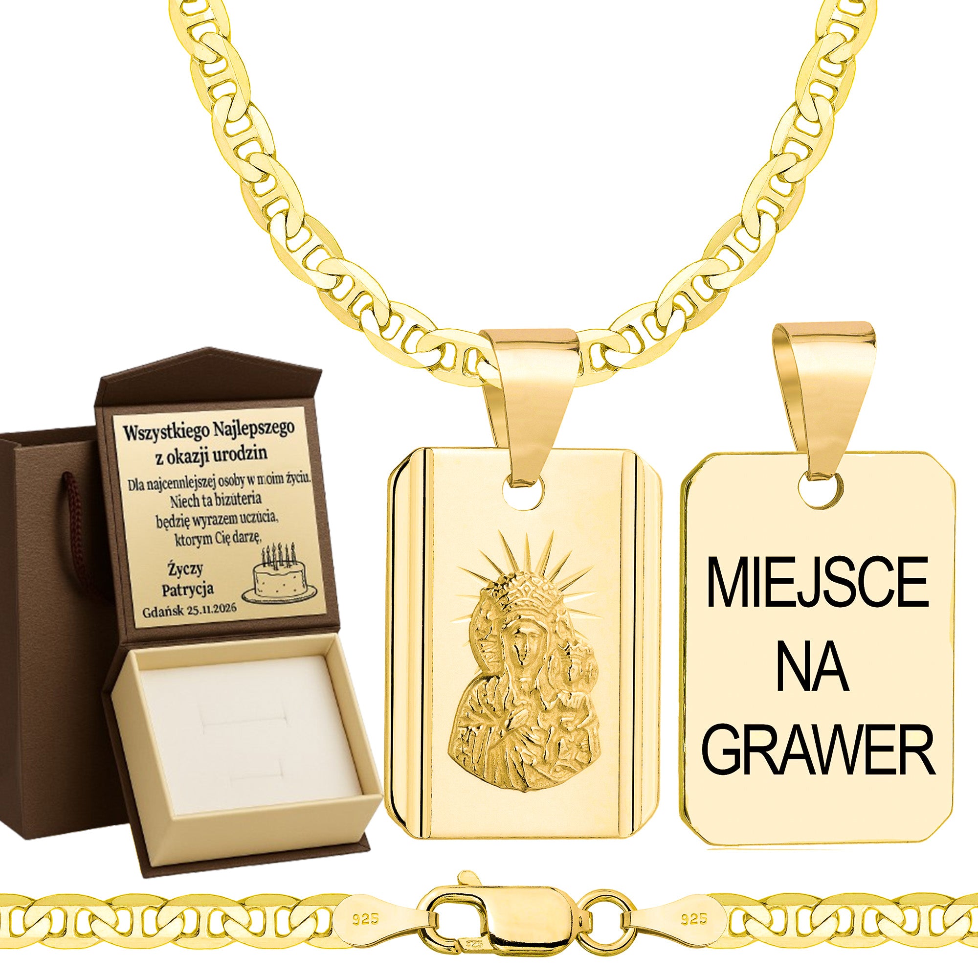 Łańcuszek pozłacany srebrny z medalikiem gucci 3,5mm pr. 925