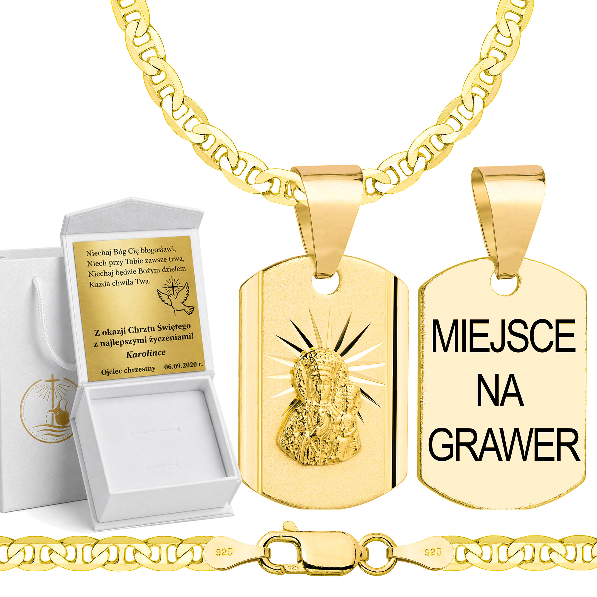 Łańcuszek na Chrzest pozłacany srebrny gucci z medalikiem 3,5mm z grawerowanym pudełeczkiem i zawieszką pr. 925