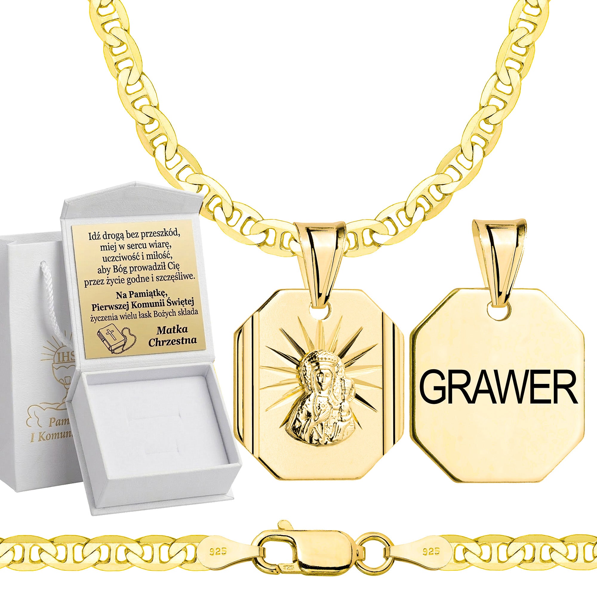 Łańcuszek komunijny pozłacany srebrny gucci z medalikiem 3,5mm z grawerowanym pudełeczkiem i zawieszką pr. 925