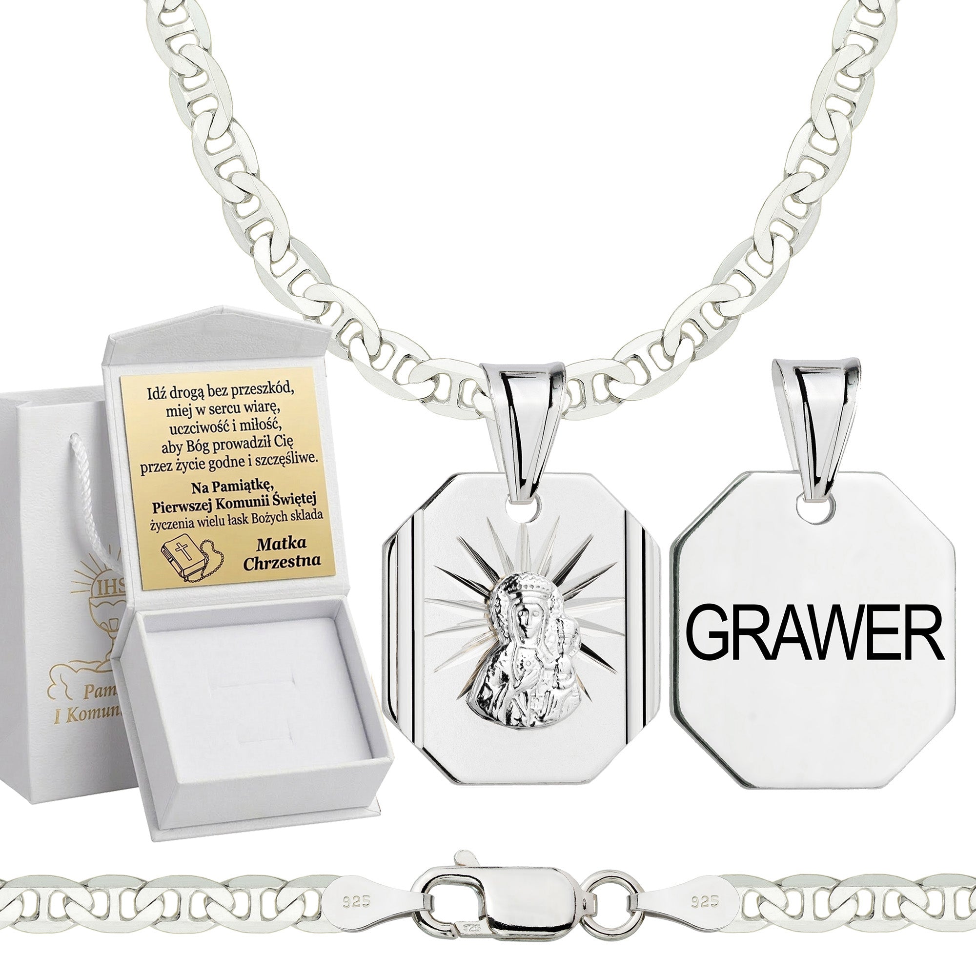 Łańcuszek komunijny srebrny z medalikiem gucci 3,5mm z grawerowanym pudełeczkiem i zawieszką pr. 925