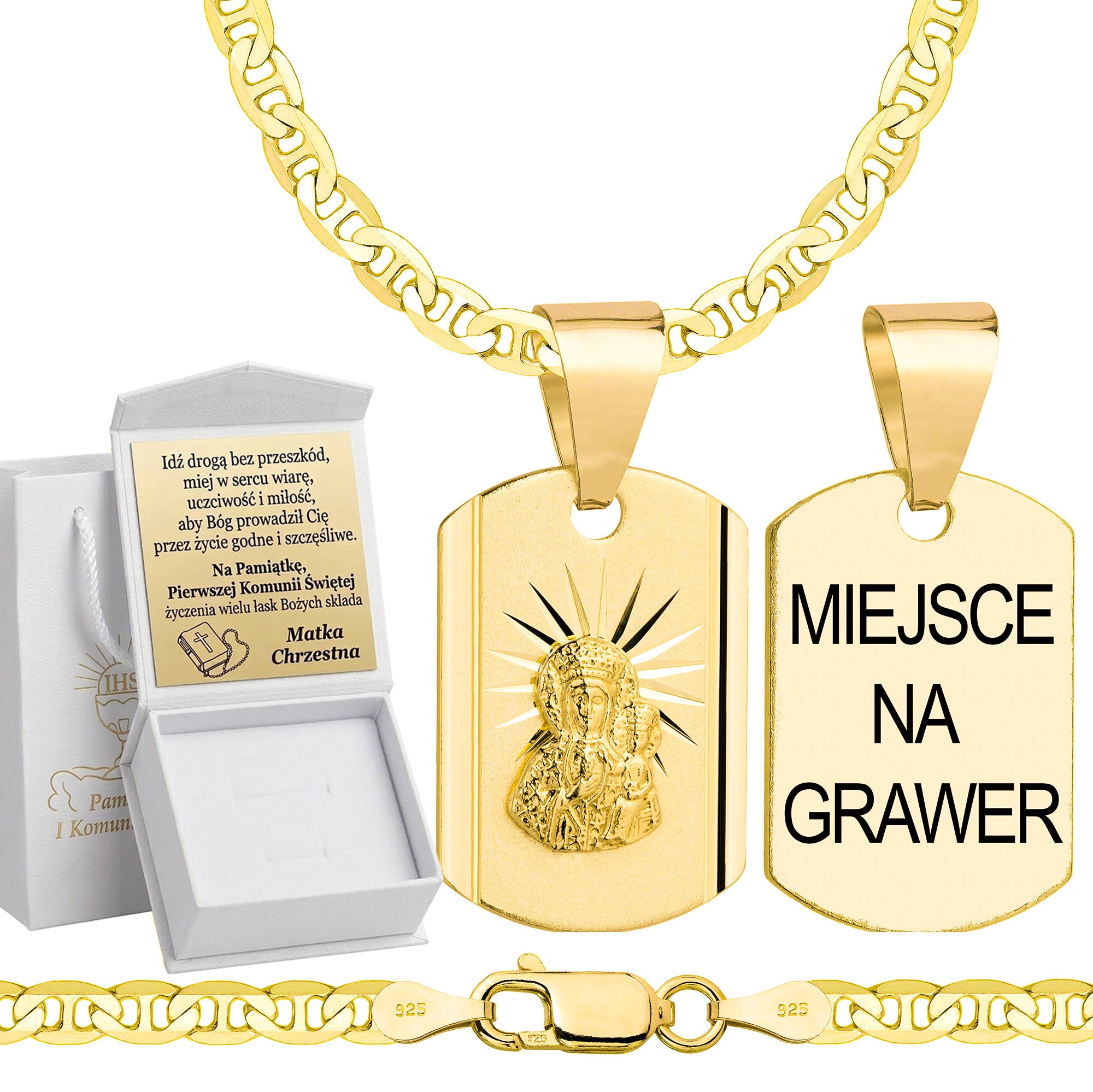 Łańcuszek komunijny pozłacany srebrny gucci z medalikiem 3,5mm z grawerowanym pudełeczkiem i zawieszką pr. 925
