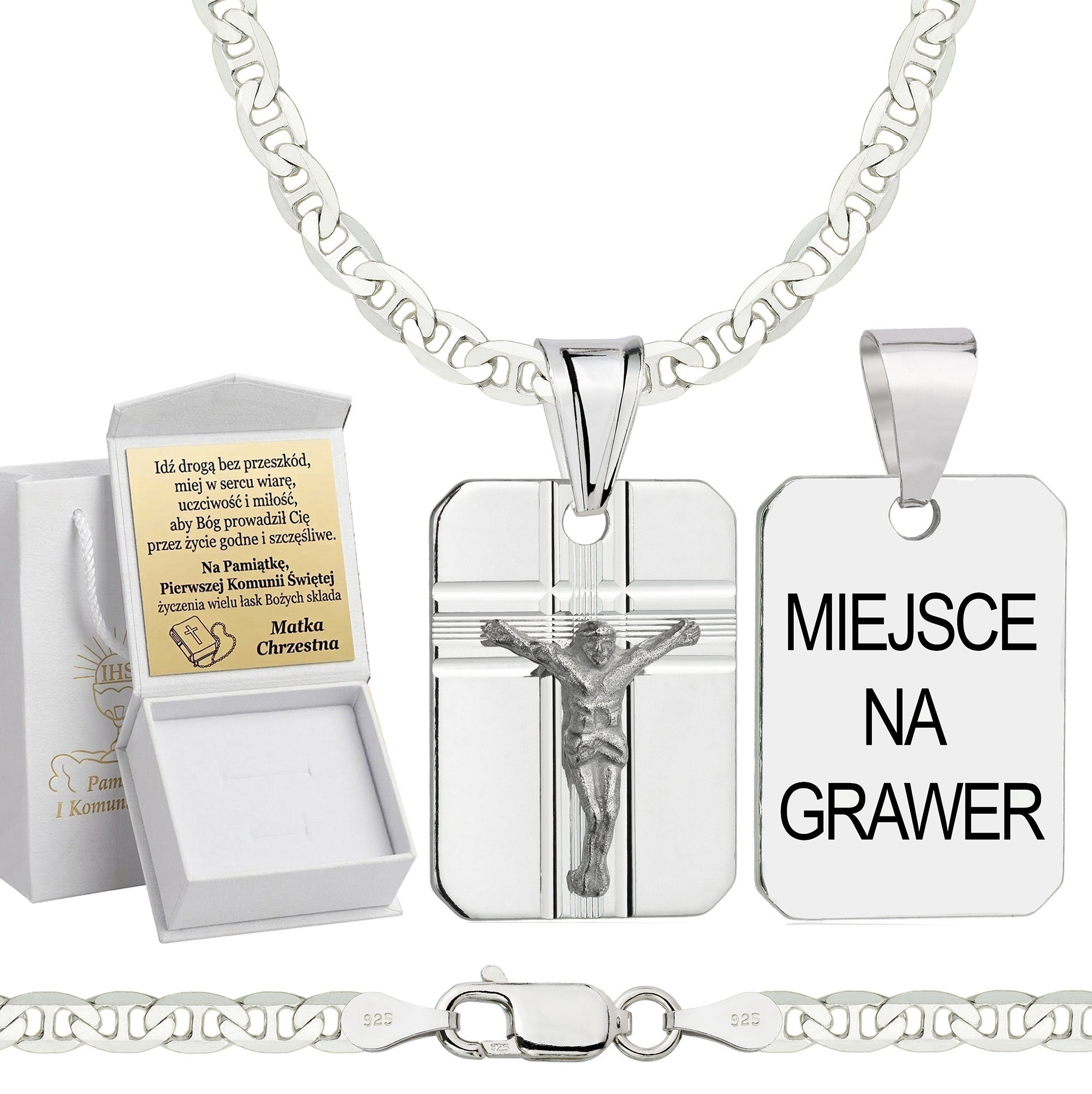 Łańcuszek komunijny srebrny z medalikiem gucci 3,5mm z grawerowanym pudełeczkiem i zawieszką pr. 925