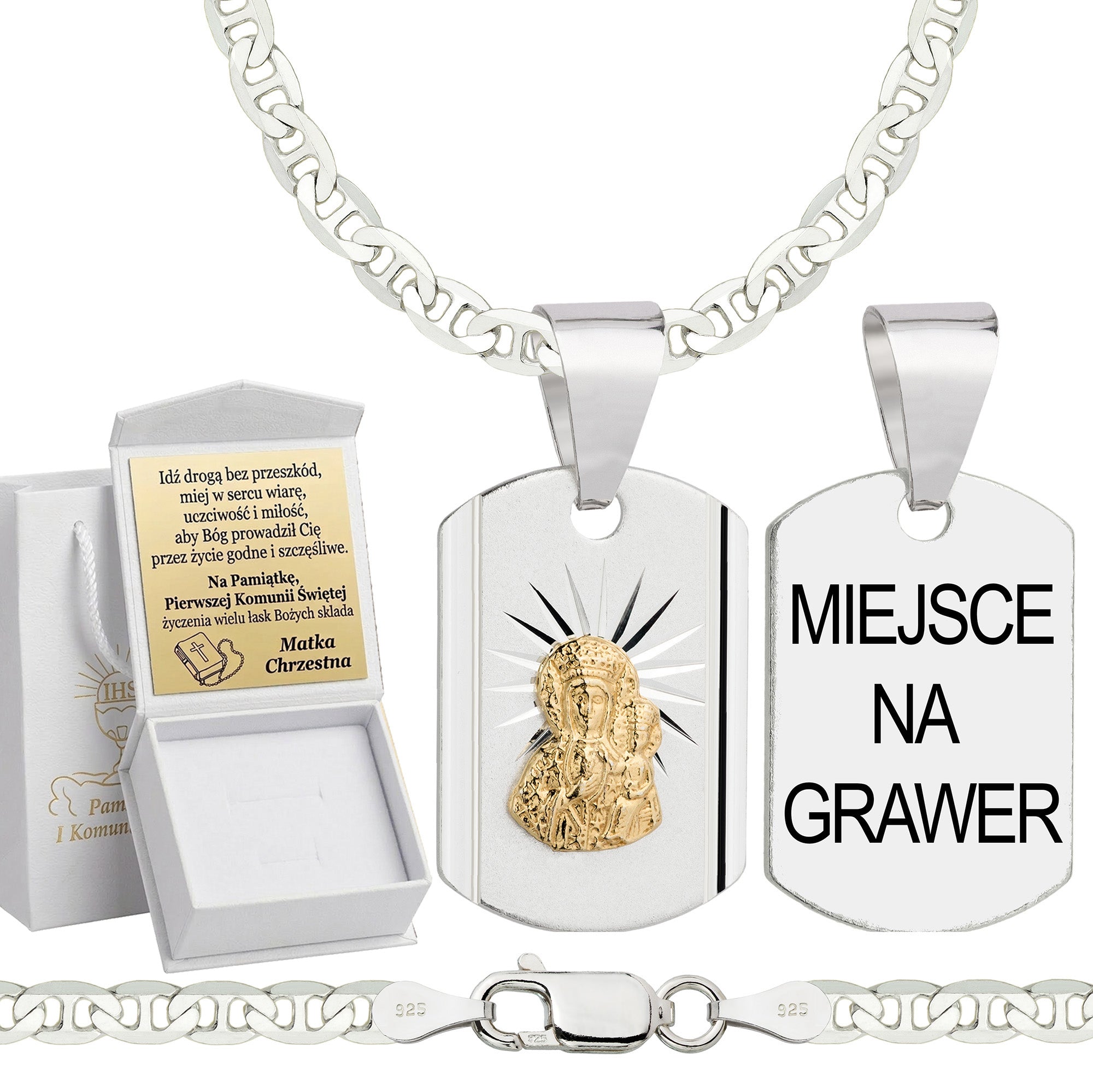 Łańcuszek komunijny srebrny z medalikiem gucci 3,5mm z grawerowanym pudełeczkiem i zawieszką pr. 925